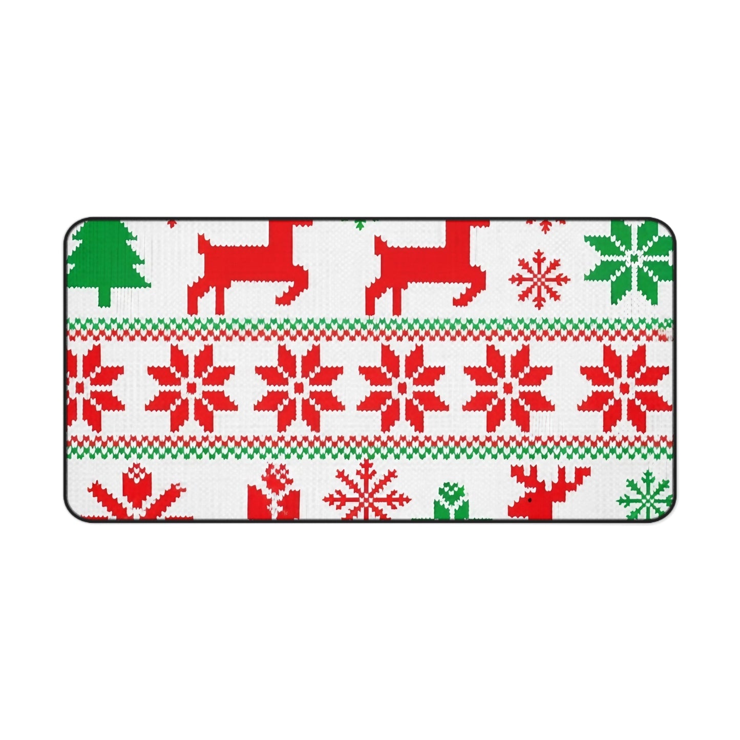 Ugly Sweater Inspired Desk Mat with red and green Christmas patterns, non-slip, festive and cozy workspace accessory
