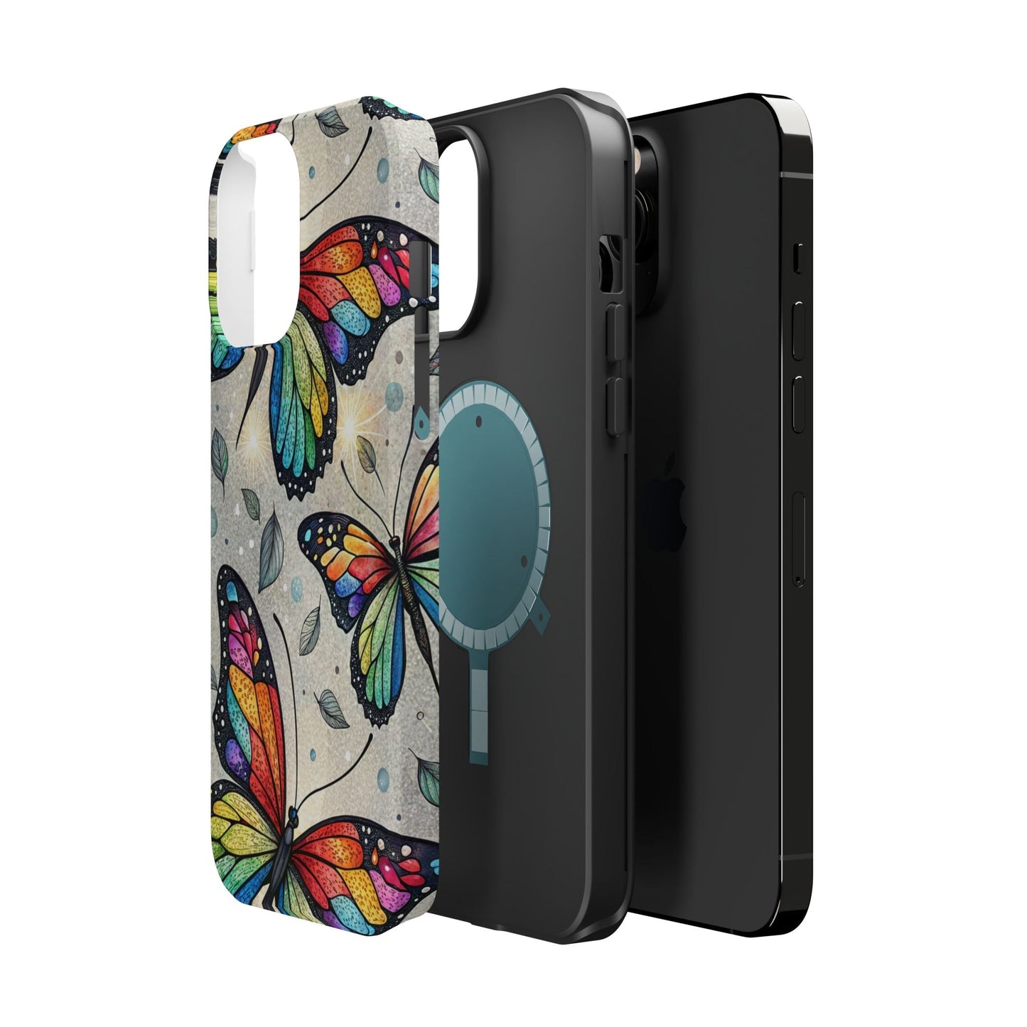 Vibrant Rainbow Butterfly iPhone case with dual-layer protection and MagSafe compatibility in matte or glossy finish