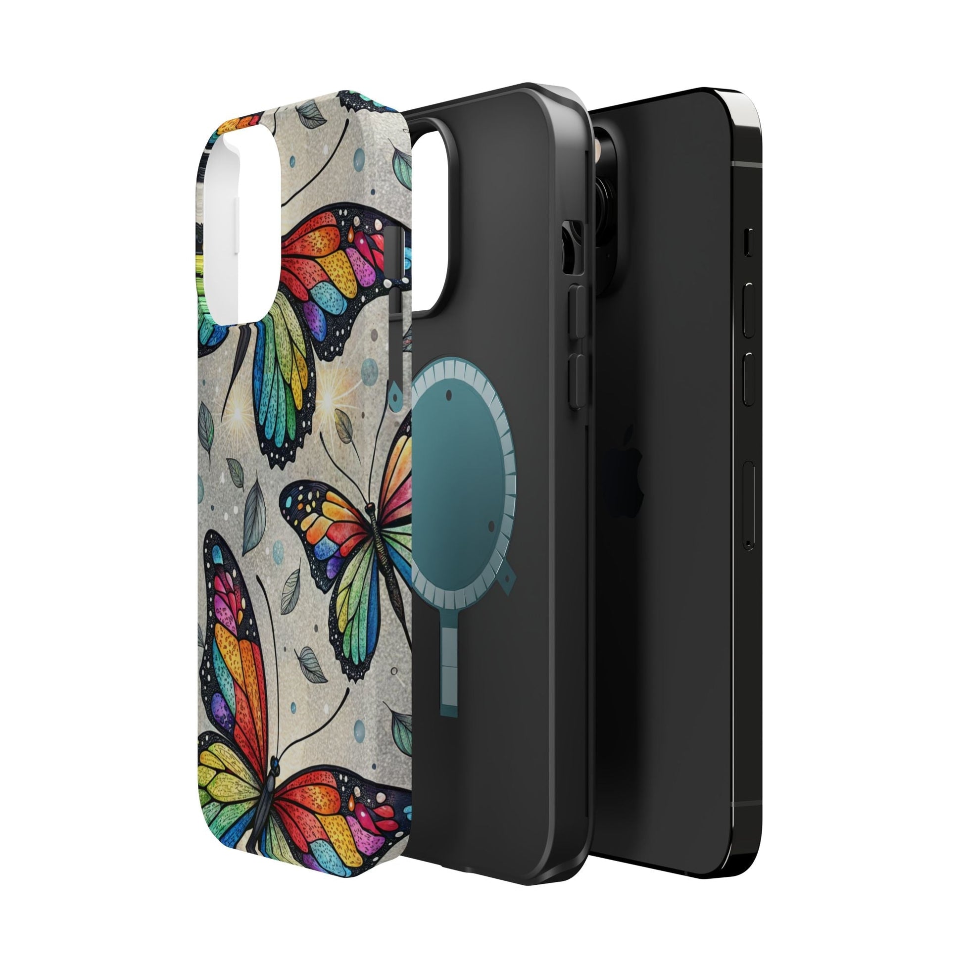 Vibrant Rainbow Butterfly iPhone case with dual-layer protection and MagSafe compatibility in matte or glossy finish