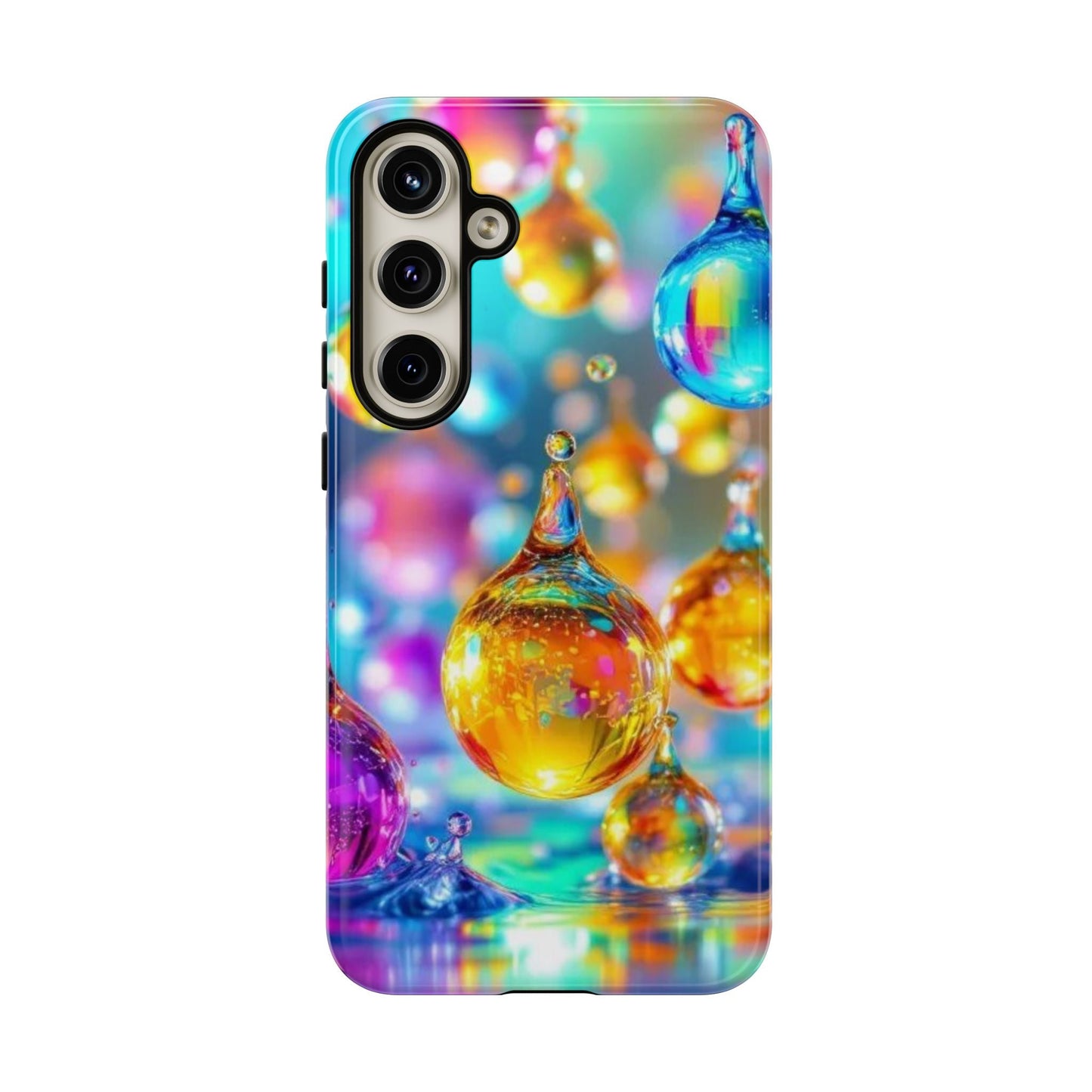 Samsung phone case with vibrant 3D golden raindrop design and durable shock-absorbing protection