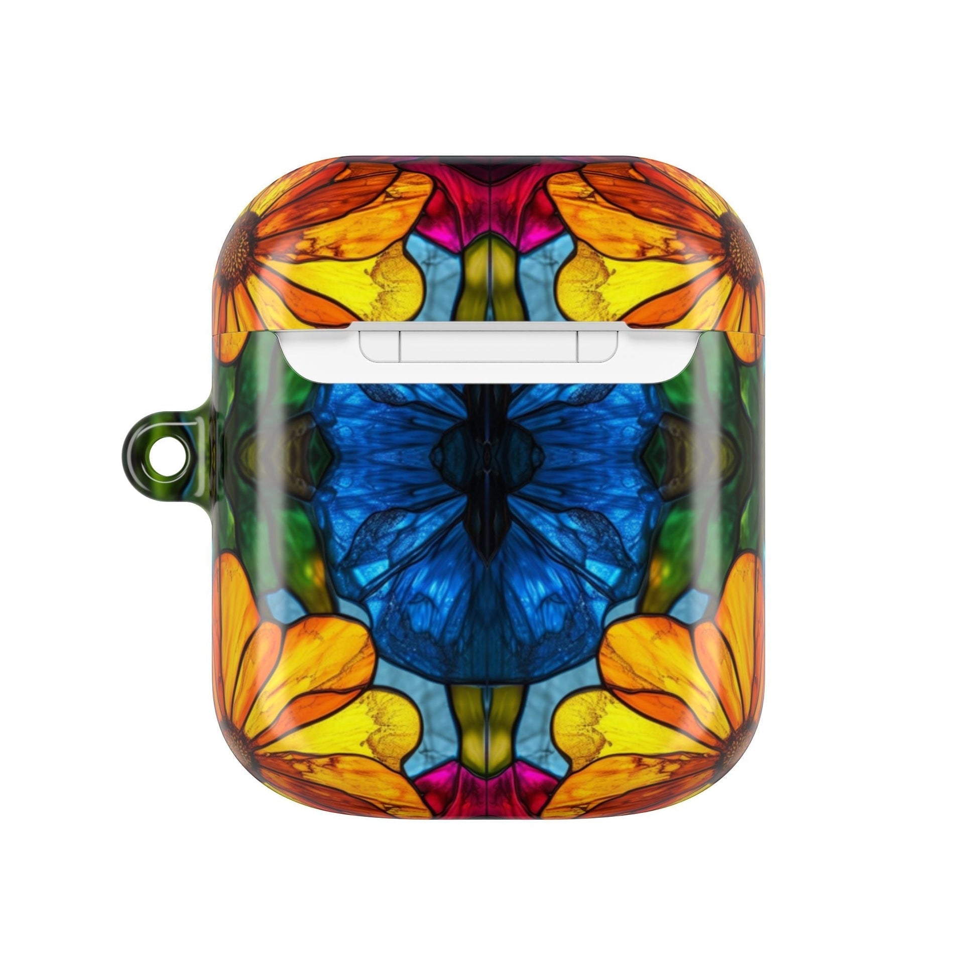 Colorful floral AirPods case with impact and scratch resistance, compatible with multiple AirPods models and includes a carabiner for easy carrying