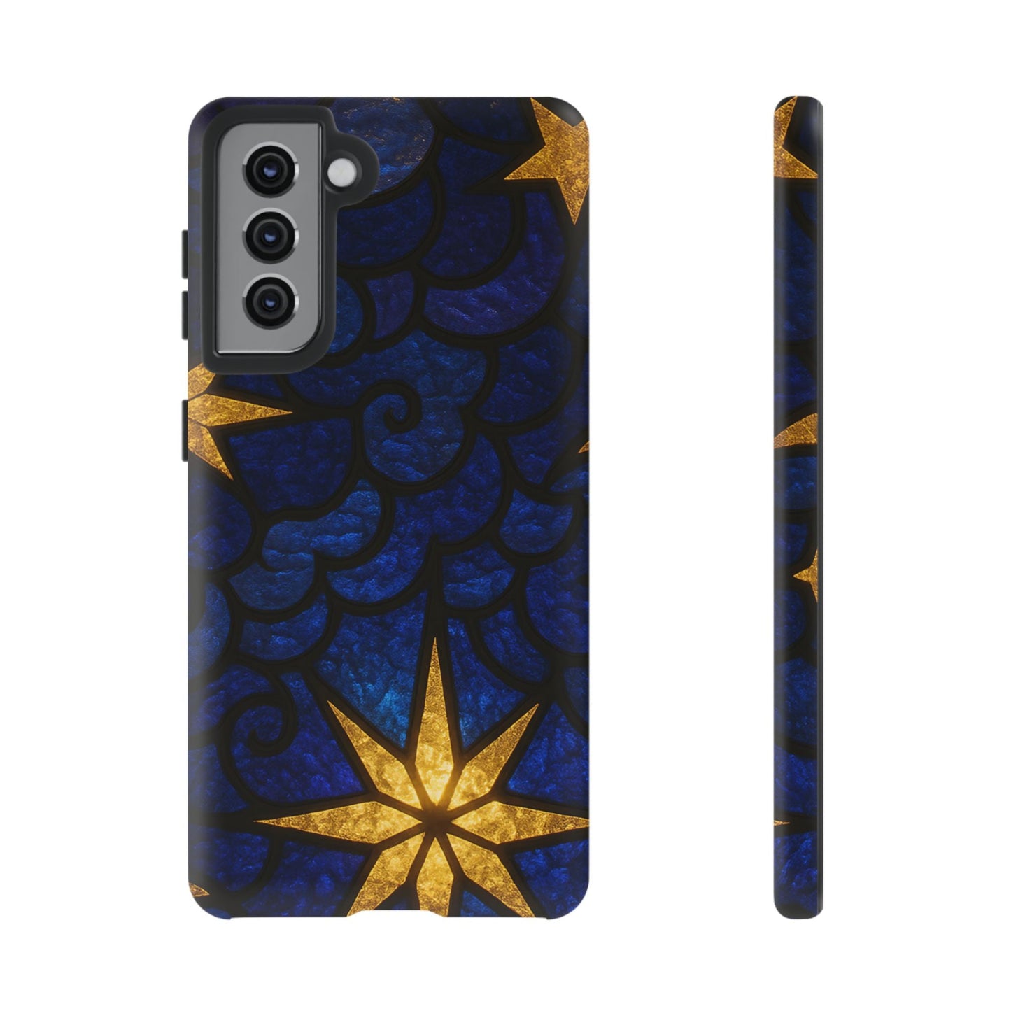 Samsung phone case with golden star design and blue textured background, durable and protective for Galaxy models