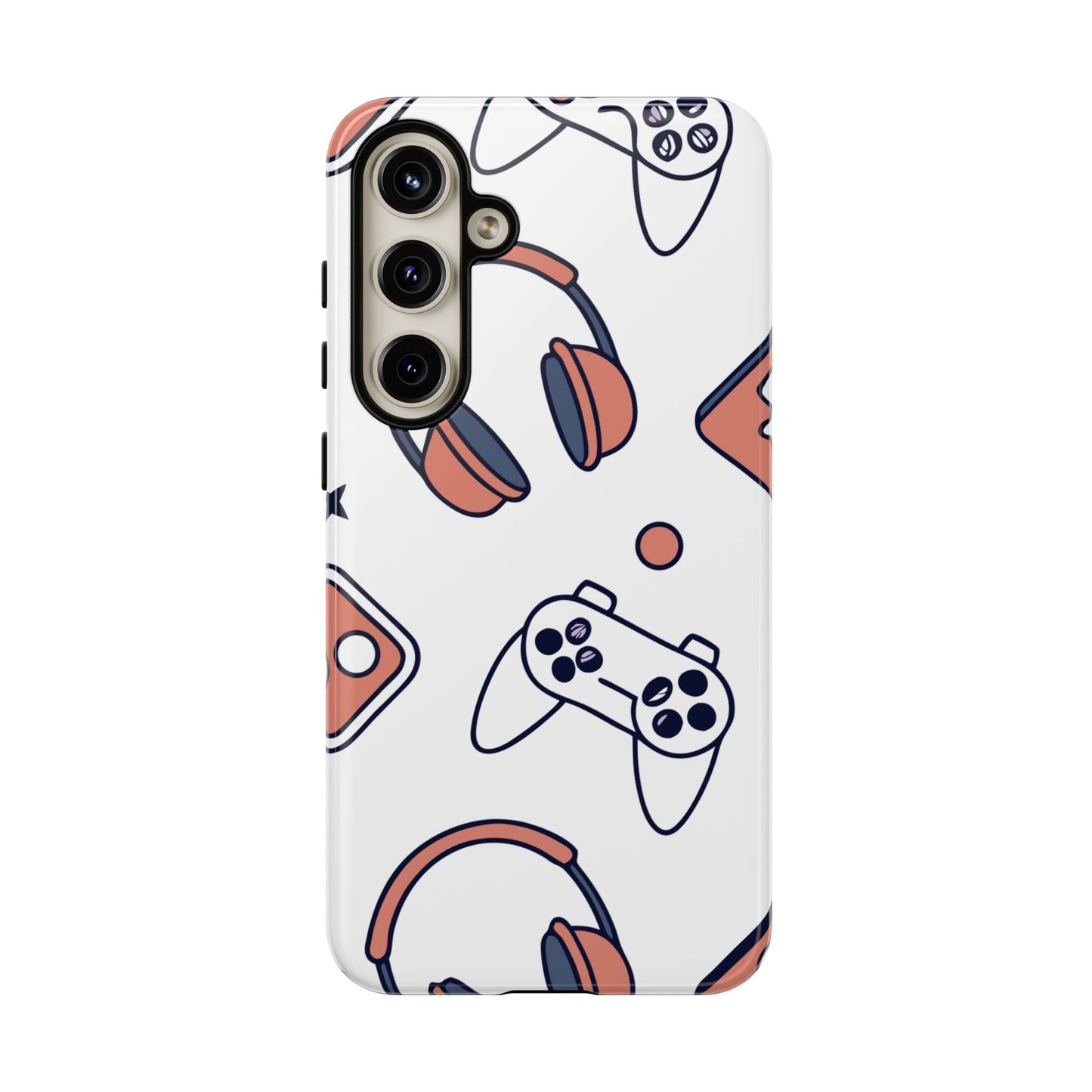 Samsung phone case with gamer design featuring headphones and controllers, durable and impact-resistant Gamer Tough Phone Case.