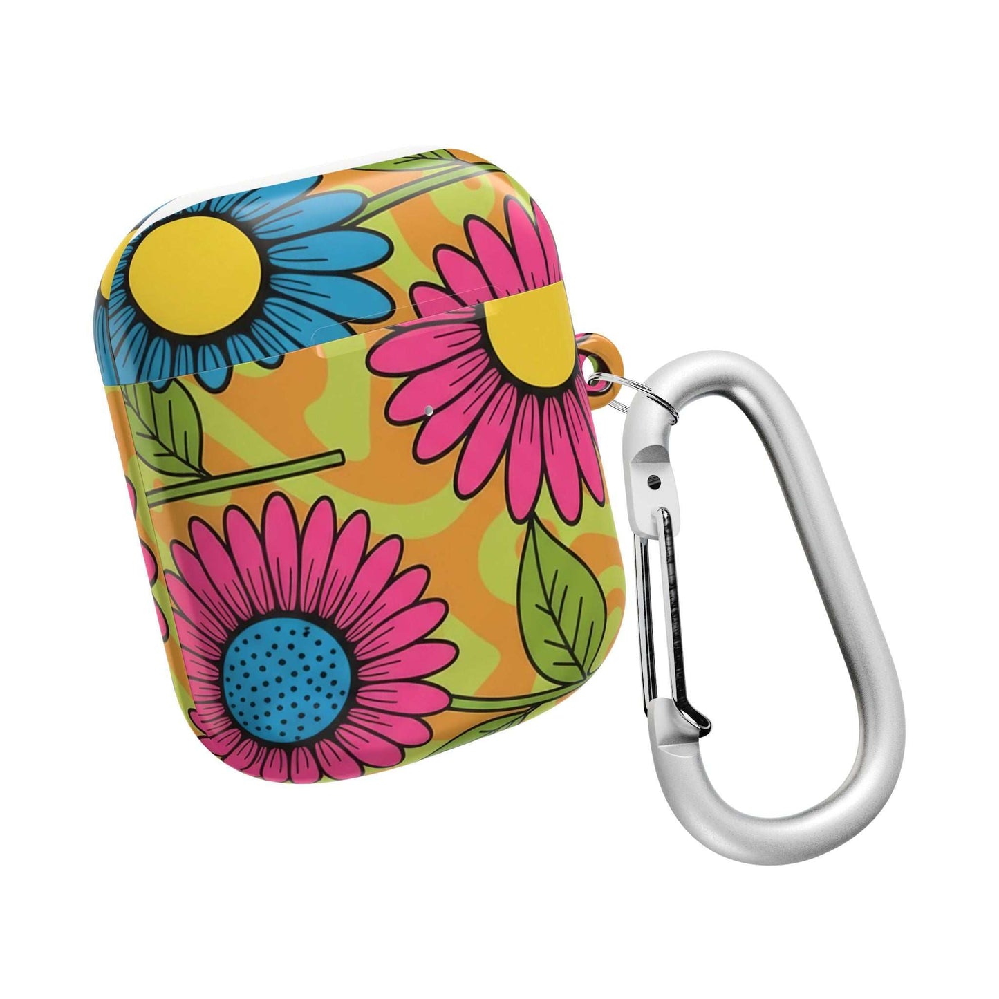 Love Child AirPod Case with colorful floral design and carabiner clip for stylish, durable protection