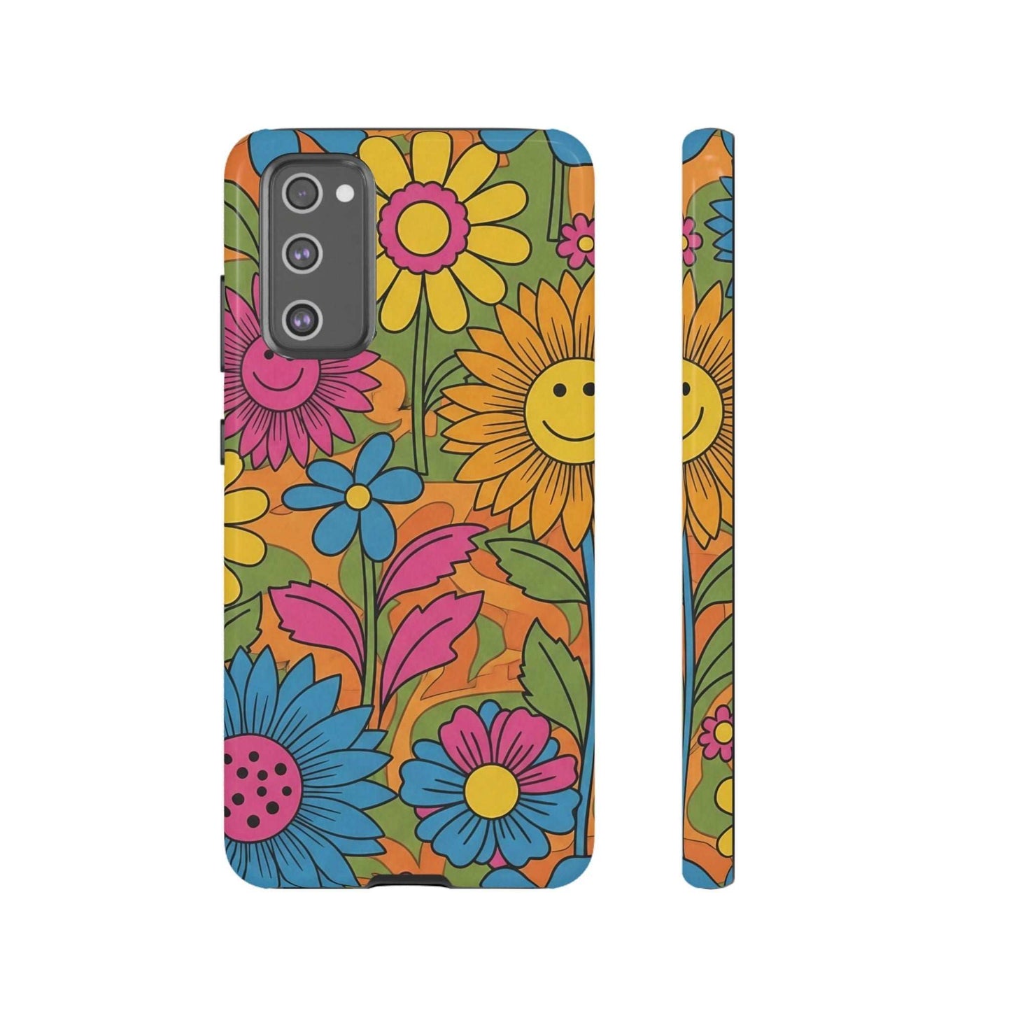 Samsung Phone Case with colorful retro flower power design and impact-resistant protection