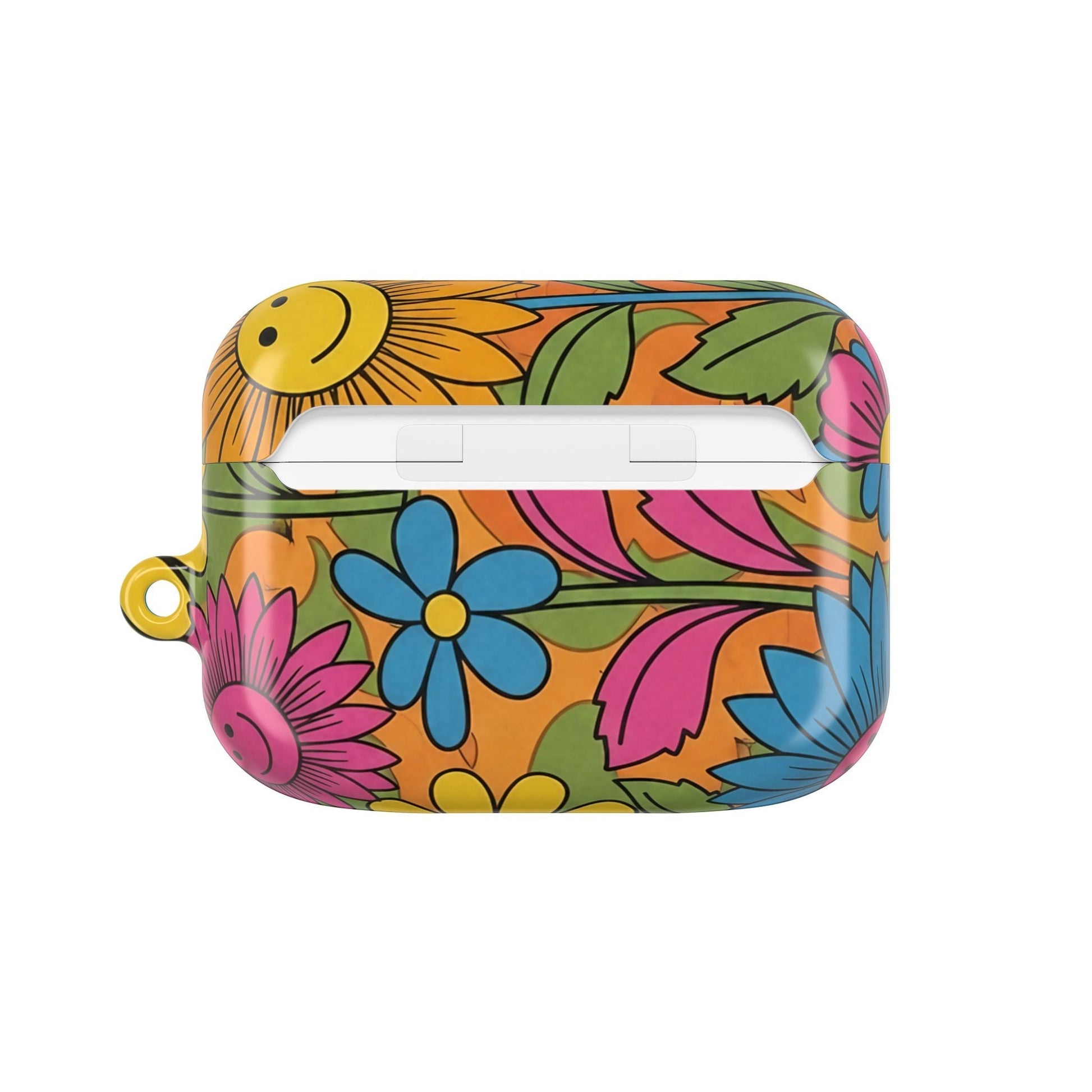 Flower Power AirPod Case with colorful floral design, durable polycarbonate, and carabiner attachment