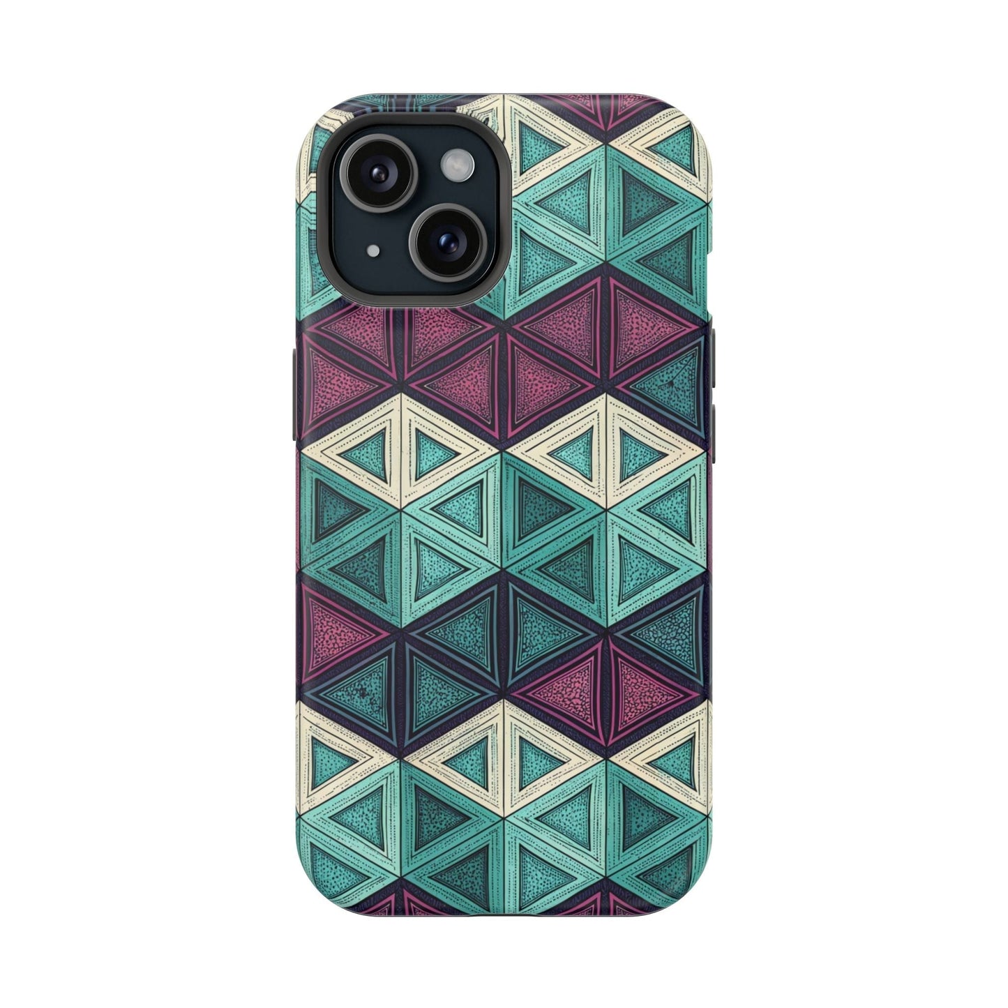 Purple and teal abstract geometric pattern iPhone tough case with MagSafe compatibility and dual-layer protection