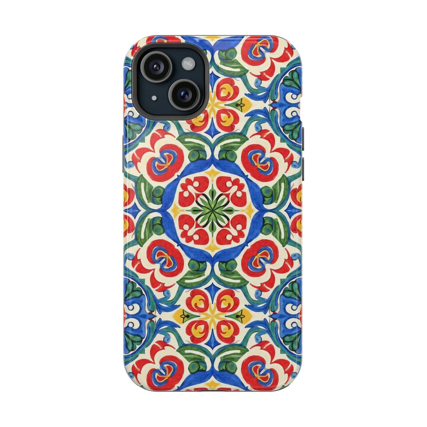 Mediterranean iPhone Case with colorful folk tile art pattern and MagSafe compatibility