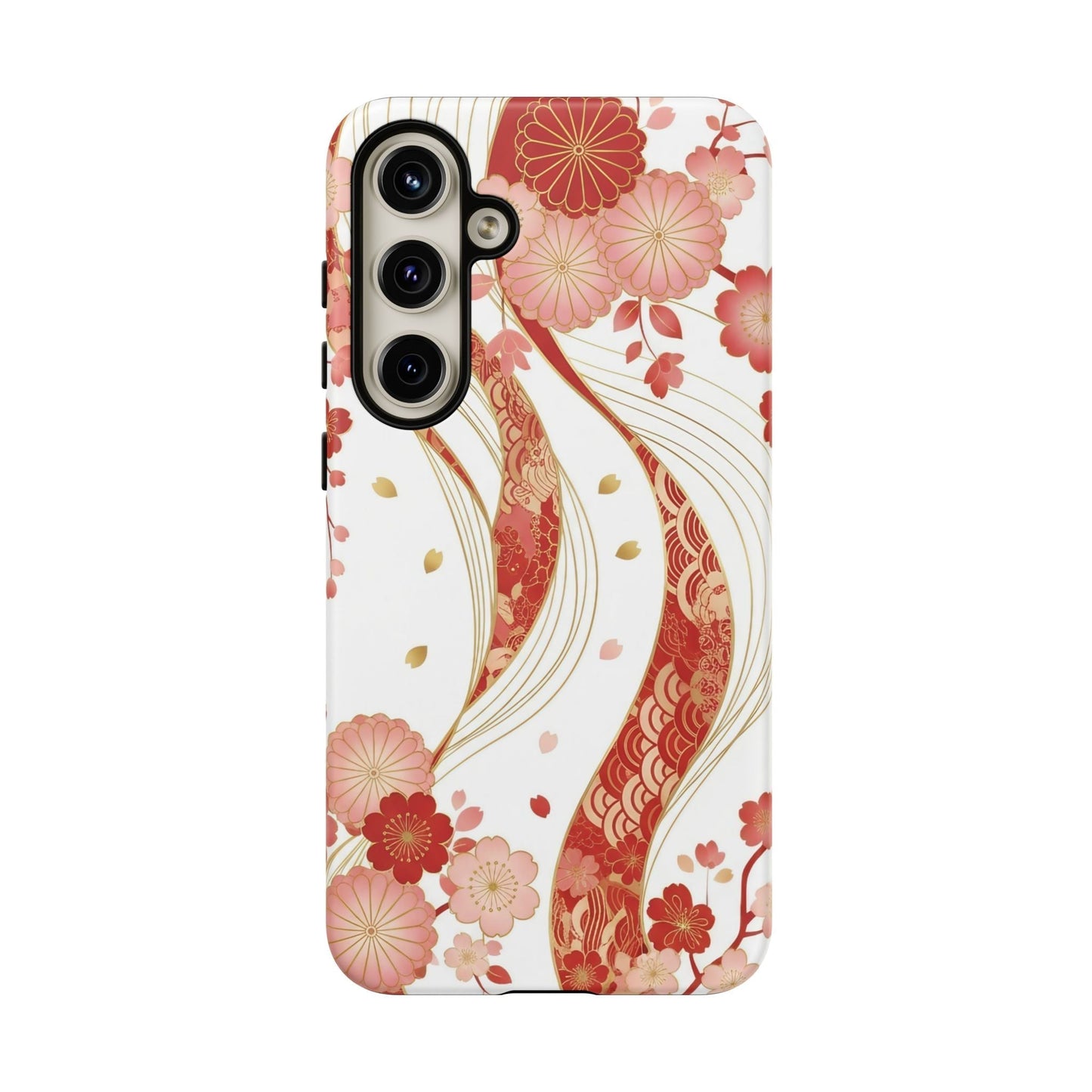Elegant Samsung phone case with red and golden floral design and 3D wrap protection