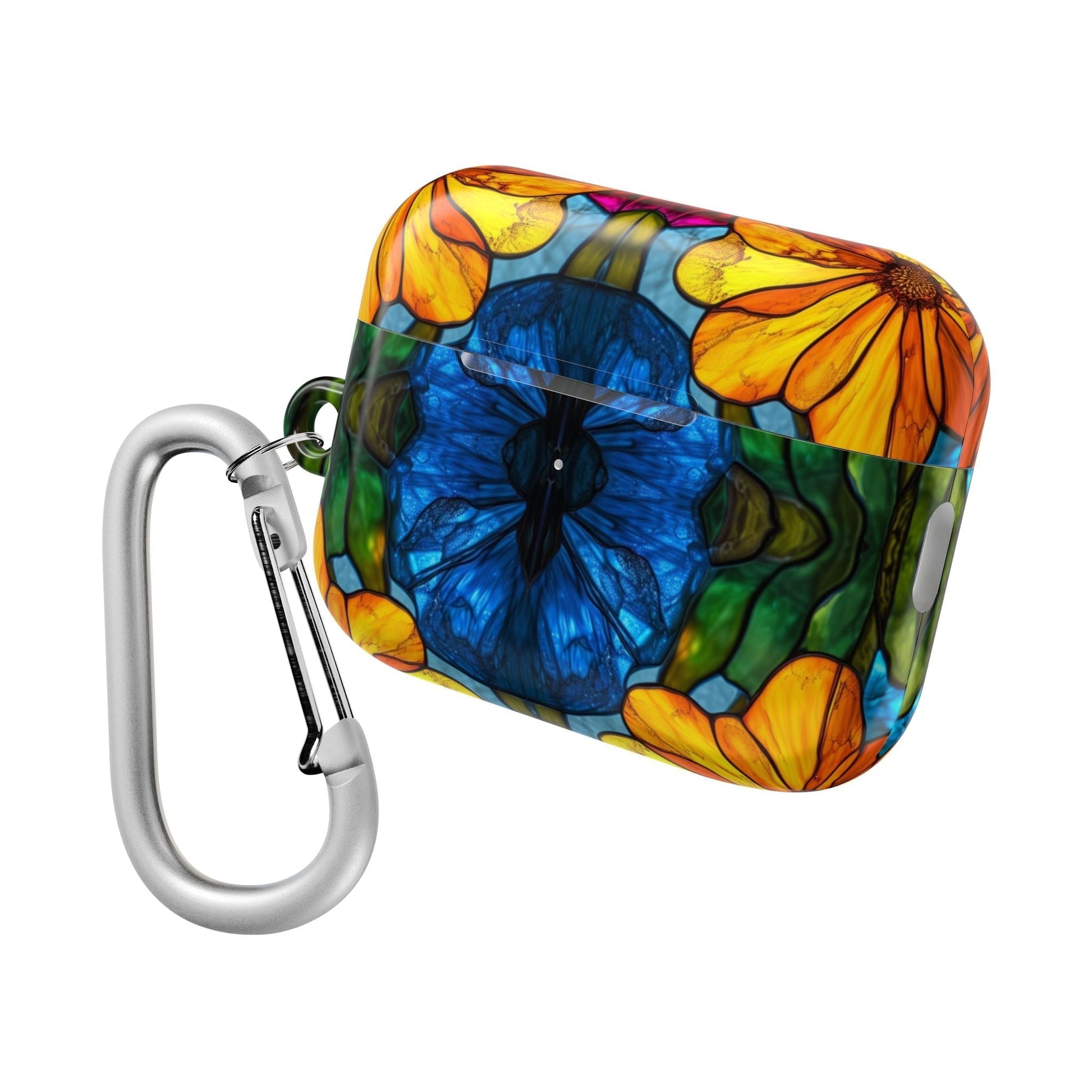 Colorful floral AirPods case with impact resistance and carabiner for easy carrying