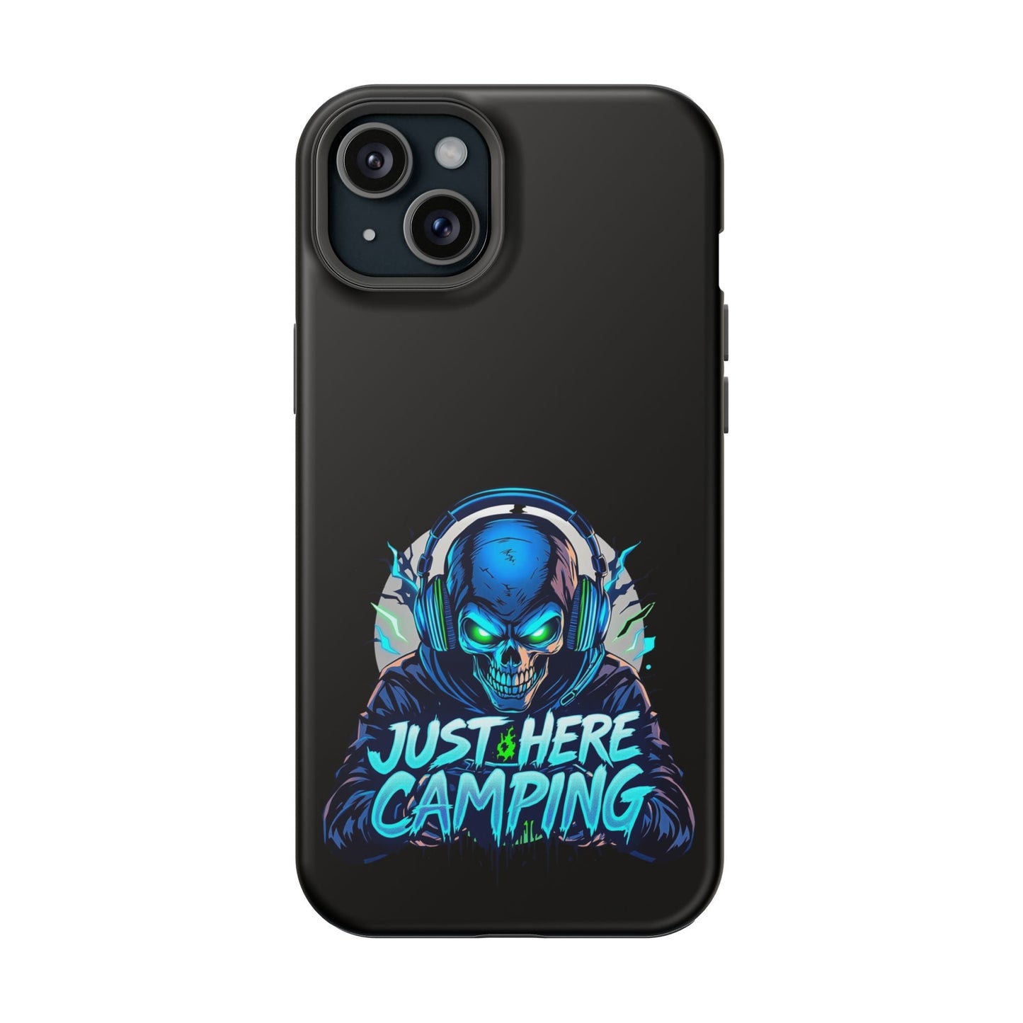 Black iPhone tough case with "Just Here Camping" gamer skull design and MagSafe compatibility