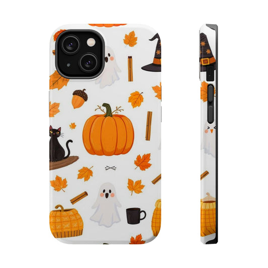 Halloween Pumpkins iPhone Case with ghosts, pumpkins, black cat, autumn leaves, and Halloween-themed icons in durable MagSafe-compatible design