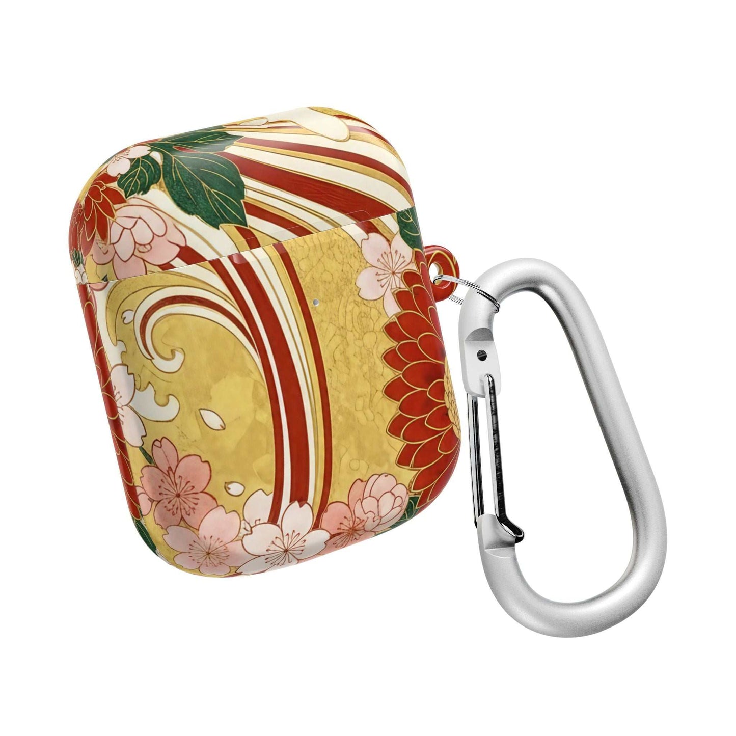Japanese Floral Gold Chrysanthemum AirPod Case with carabiner clip and glossy finish