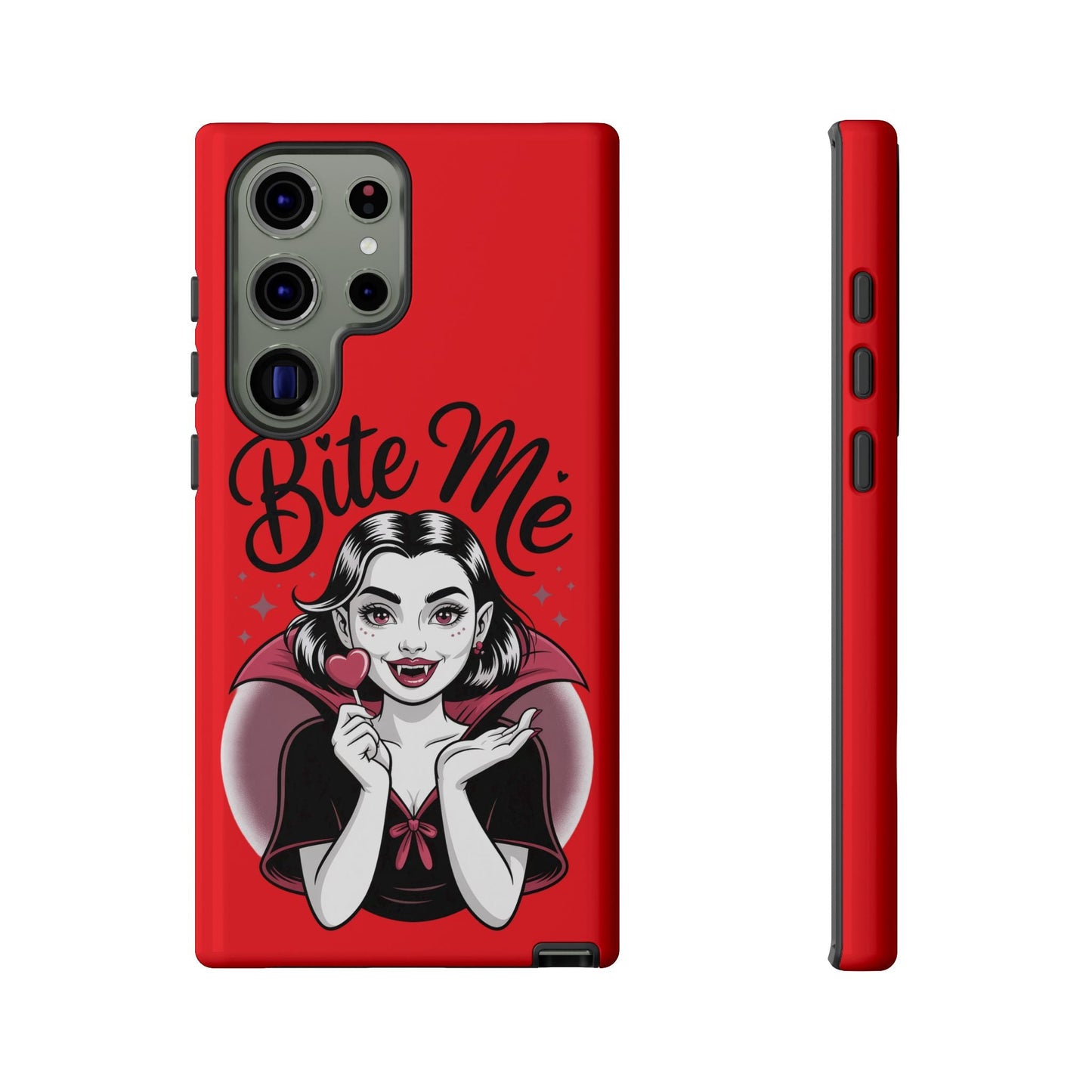 Red Samsung phone case with a cartoon vampire woman and "Bite Me" text, Halloween themed design.