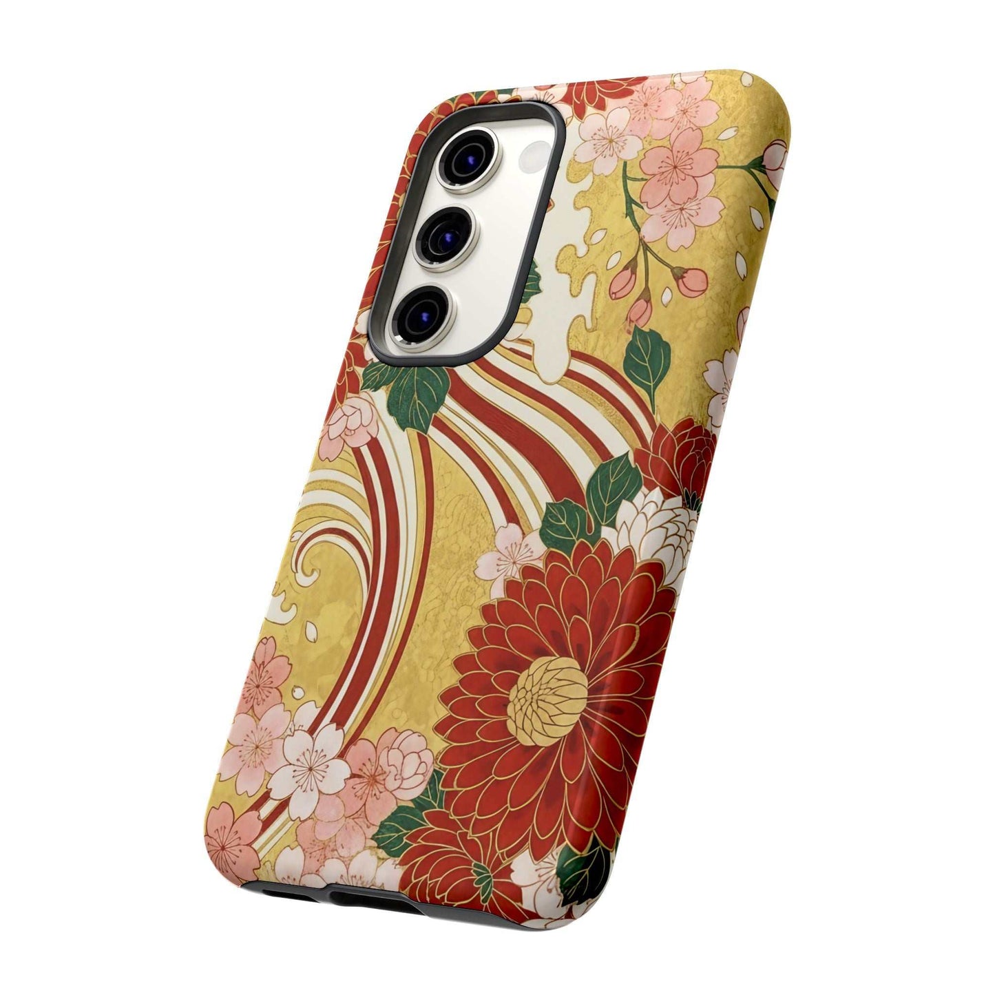 Samsung Case with Japanese floral gold chrysanthemum design, durable and impact-resistant phone cover