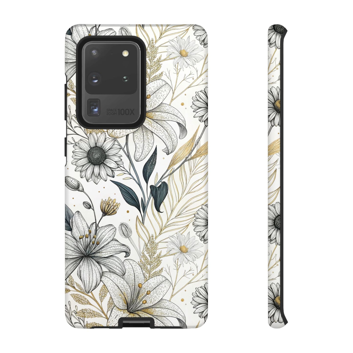 Samsung tough phone case with elegant golden leaf minimalist floral design for durable protection