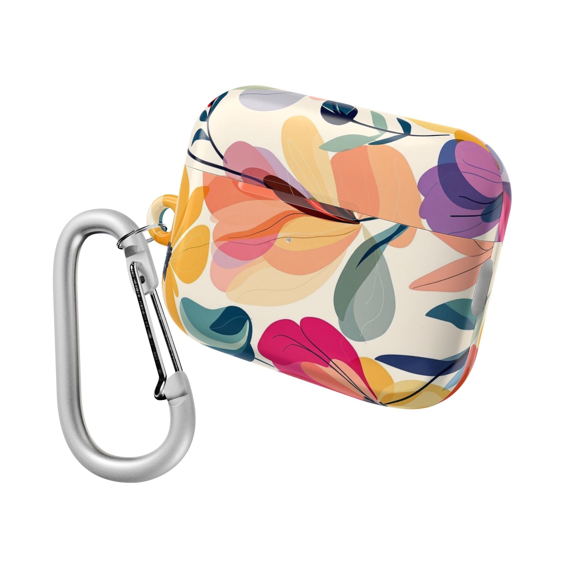 Floral AirPod Case with colorful watercolor floral design and attached silver carabiner for protection and style