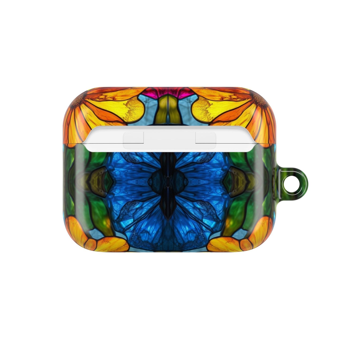 Colorful floral AirPods case with impact and scratch resistance, compatible with multiple AirPods models and featuring a carabiner for portability
