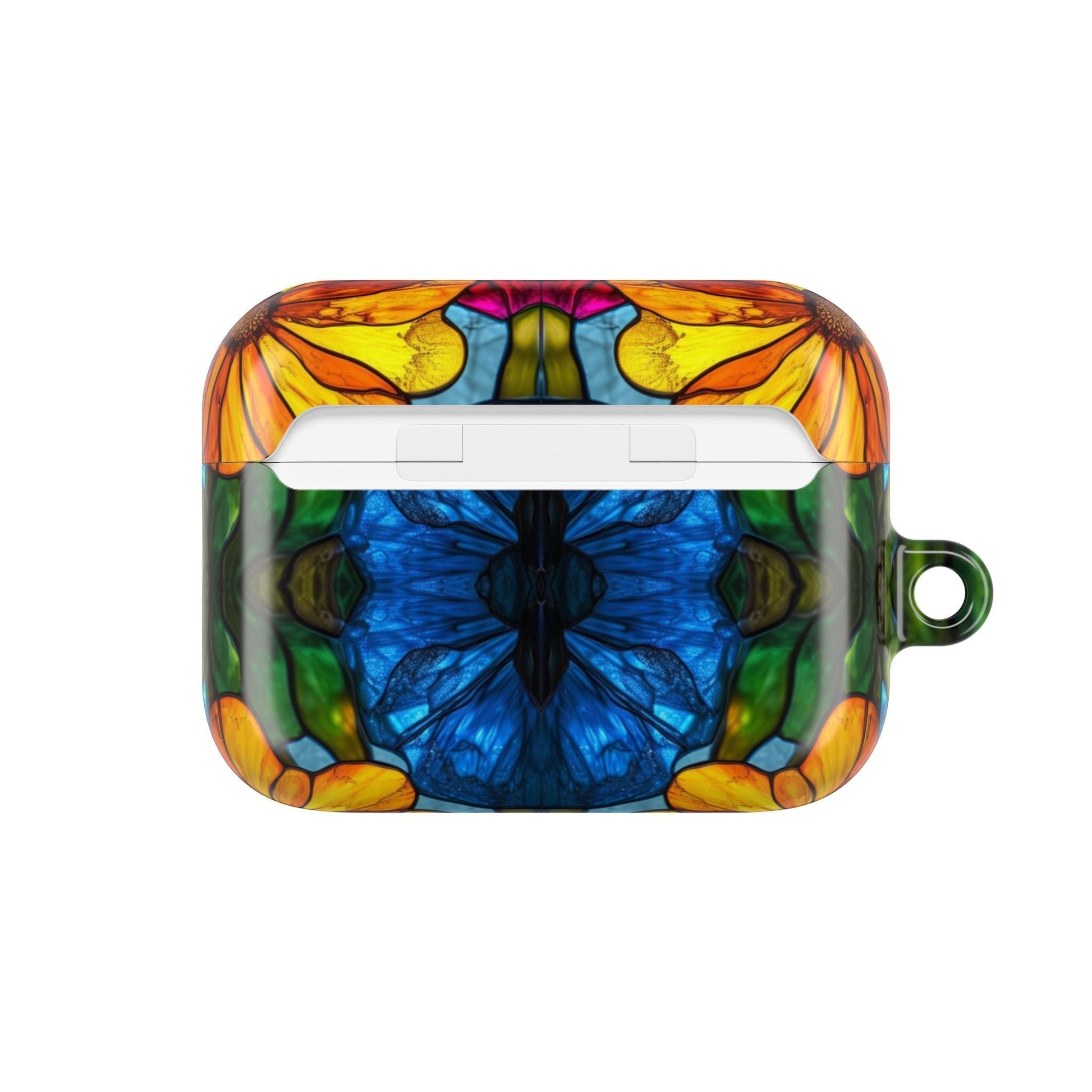 Colorful floral AirPods case with impact and scratch resistance, compatible with multiple AirPods models and featuring a carabiner for portability