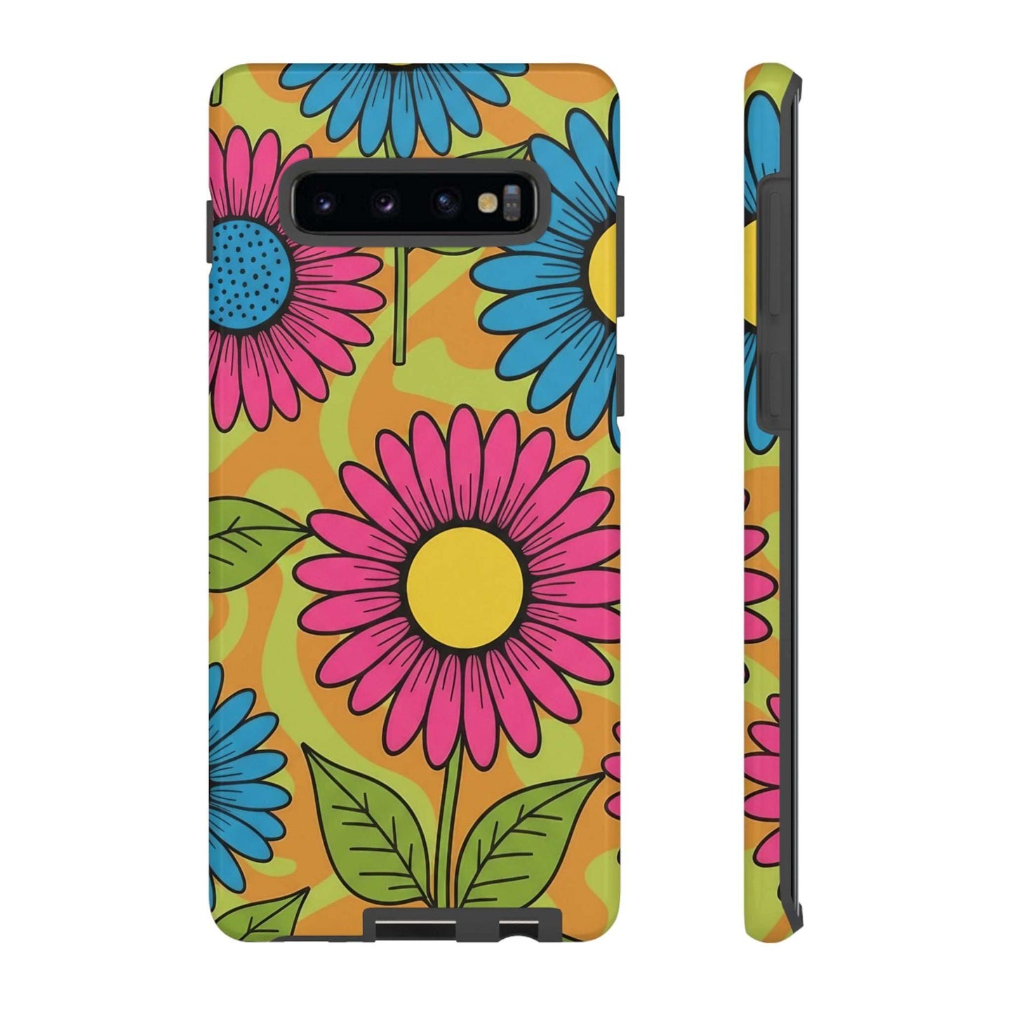 Samsung Tough Case with colorful floral design, durable impact-resistant shell, and shock-absorbing silicone liner.
