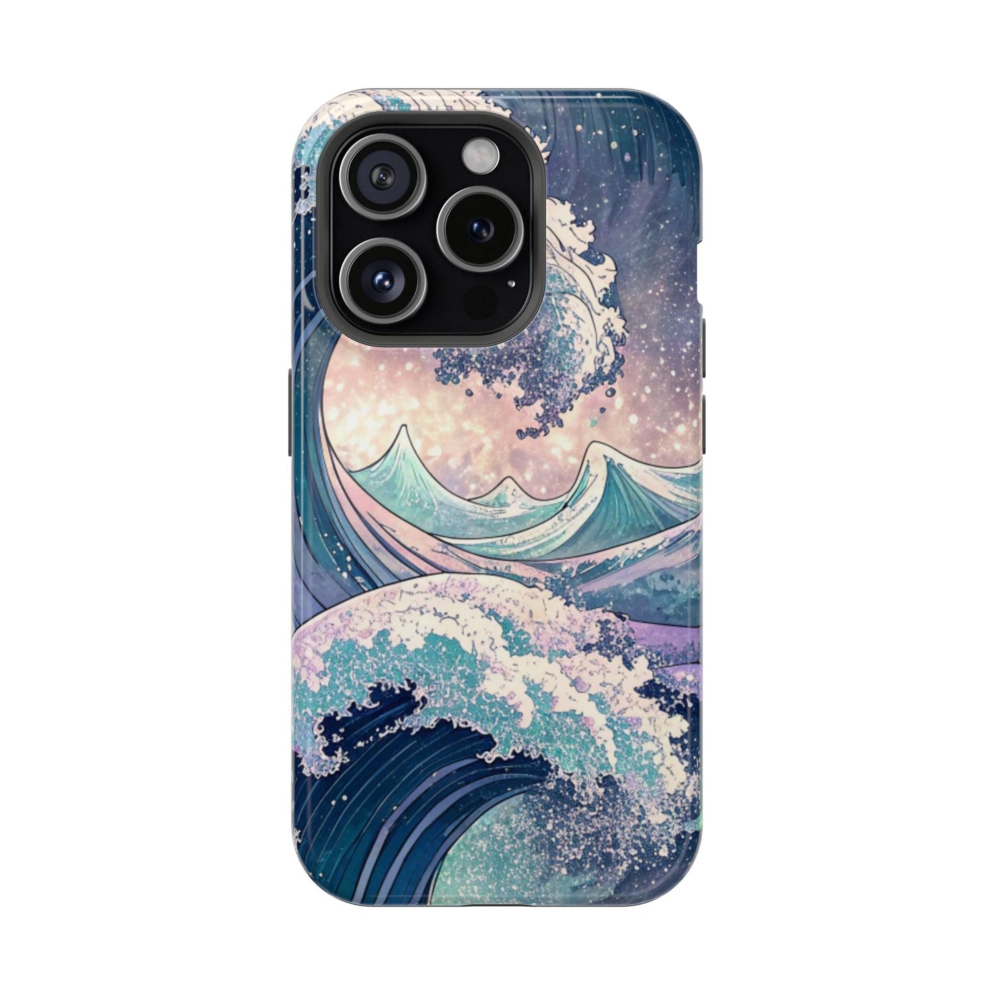 iPhone magnetic tough case with vibrant crashing waves design, dual-layer durable protection, available in matte or glossy finish
