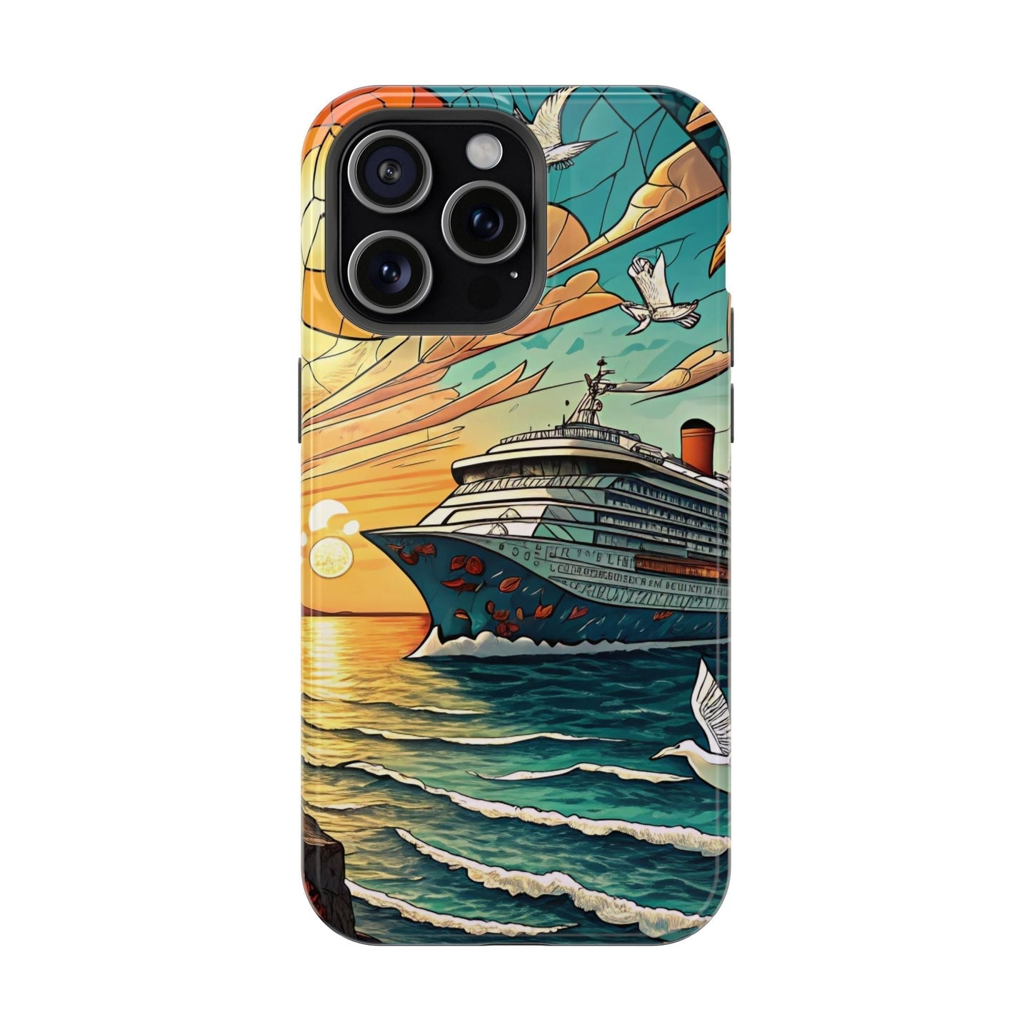 Cruise Vacation iPhone tough case with ocean sunset and cruise ship design, durable dual-layer protection with MagSafe support.