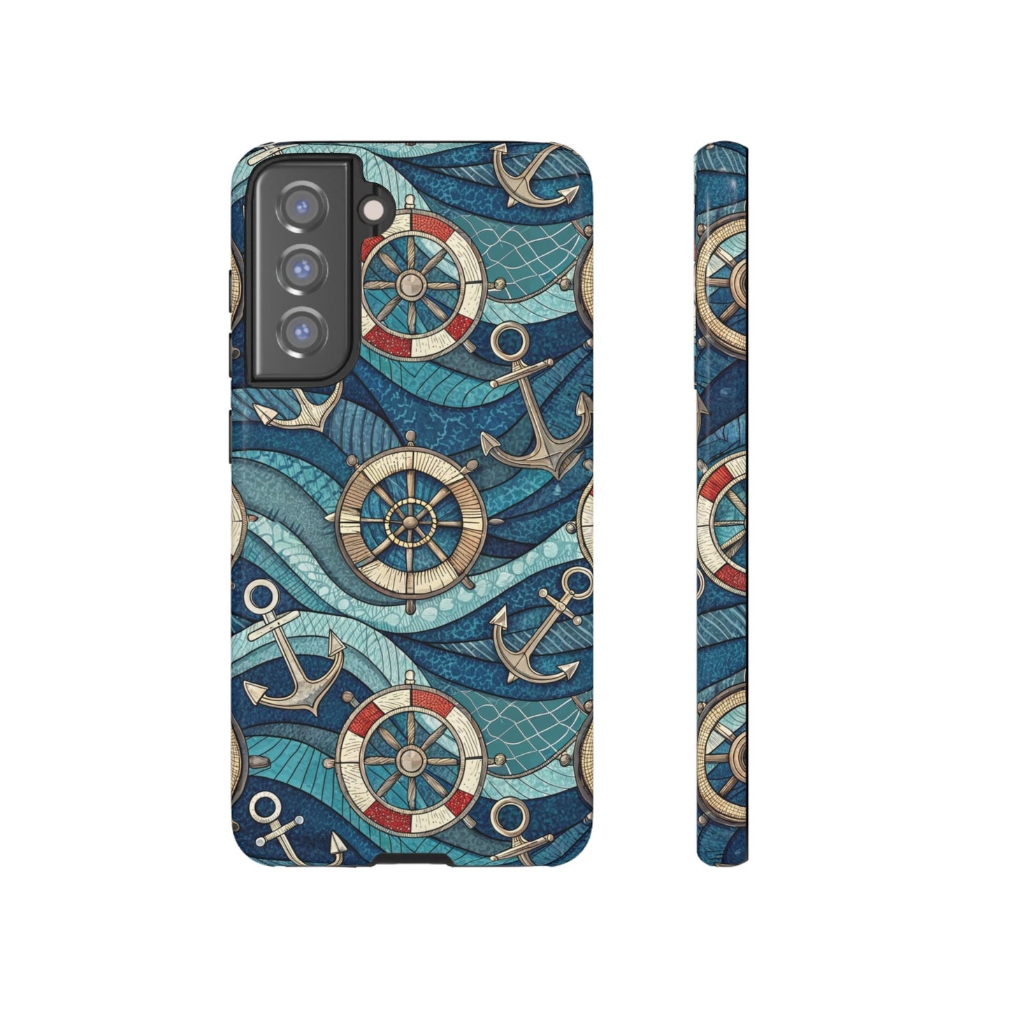 Samsung Tough Case with nautical anchor, life preserver, and ship wheel design on blue waves pattern