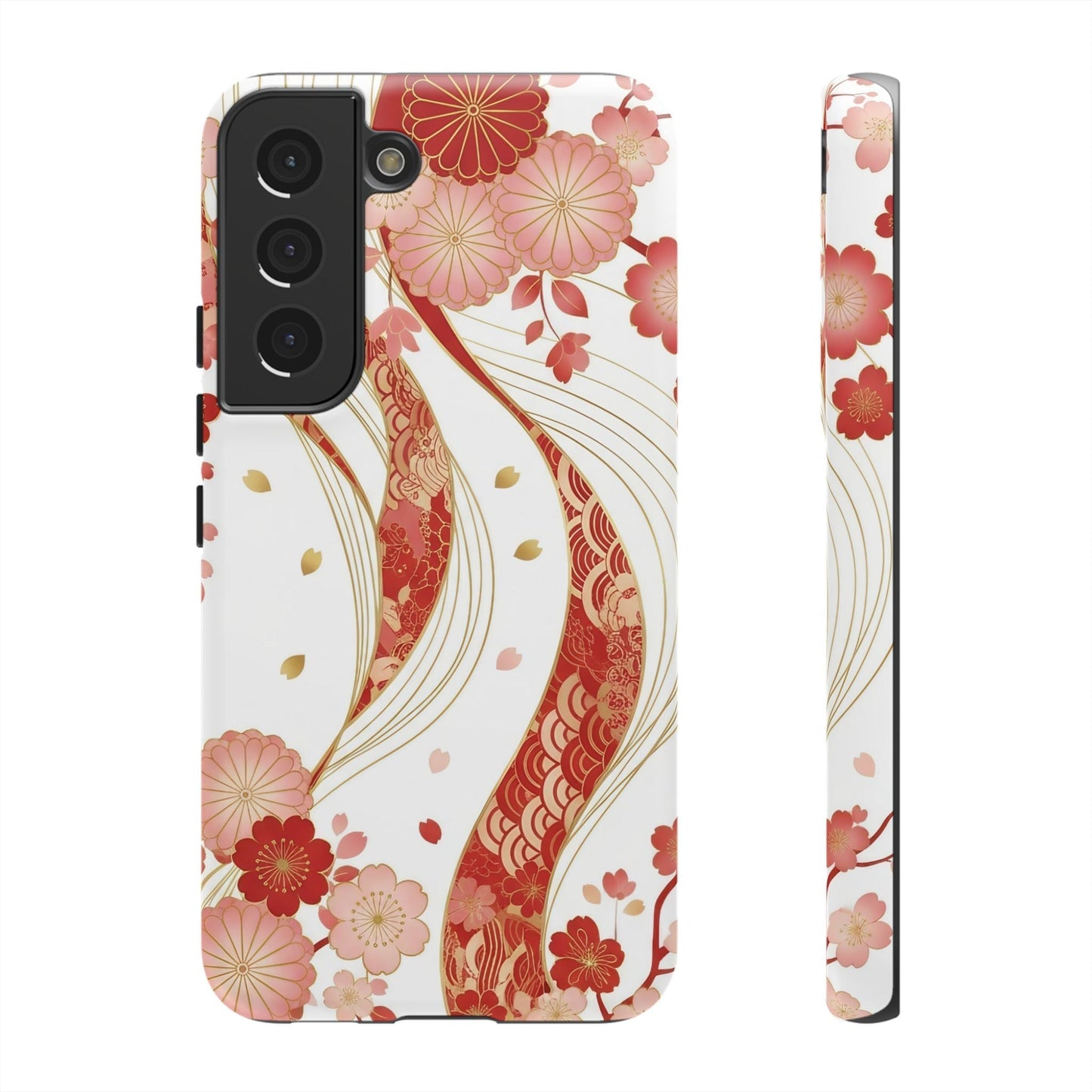 Samsung phone case with red and golden floral design, elegant and durable protection
