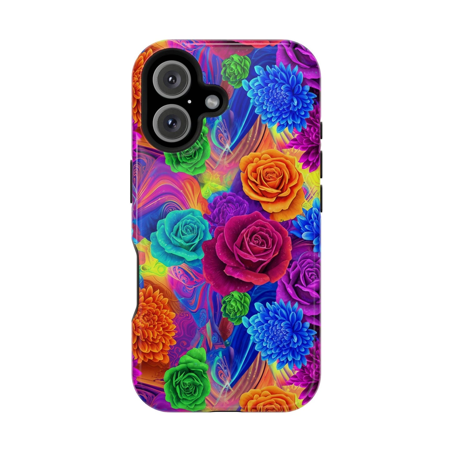 iPhone tough case with vibrant seamless floral pattern in vivid colors and MagSafe compatibility