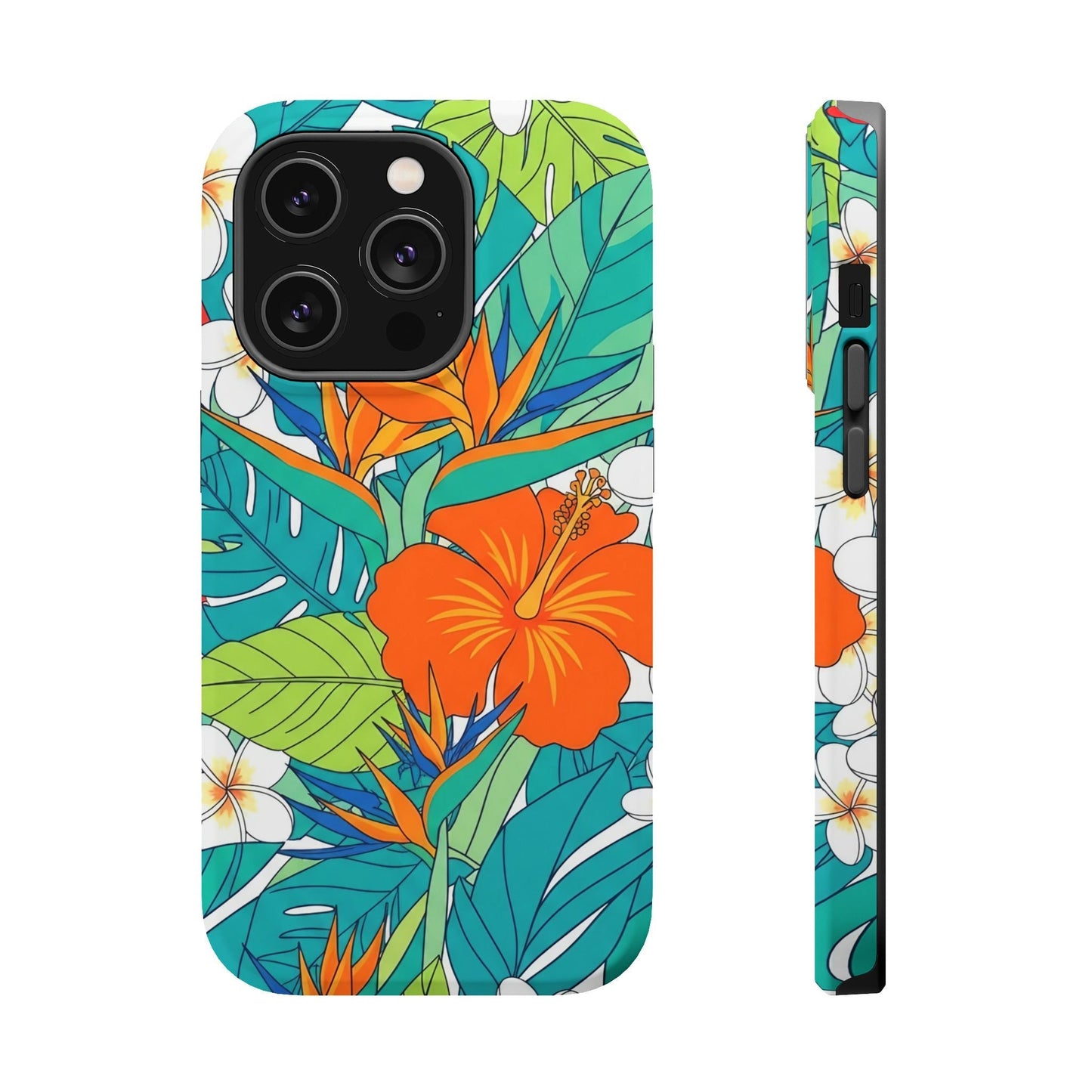 Vibrant Floral iPhone Case with colorful tropical flowers and leaves, durable polycarbonate protection, MagSafe compatible, glossy finish