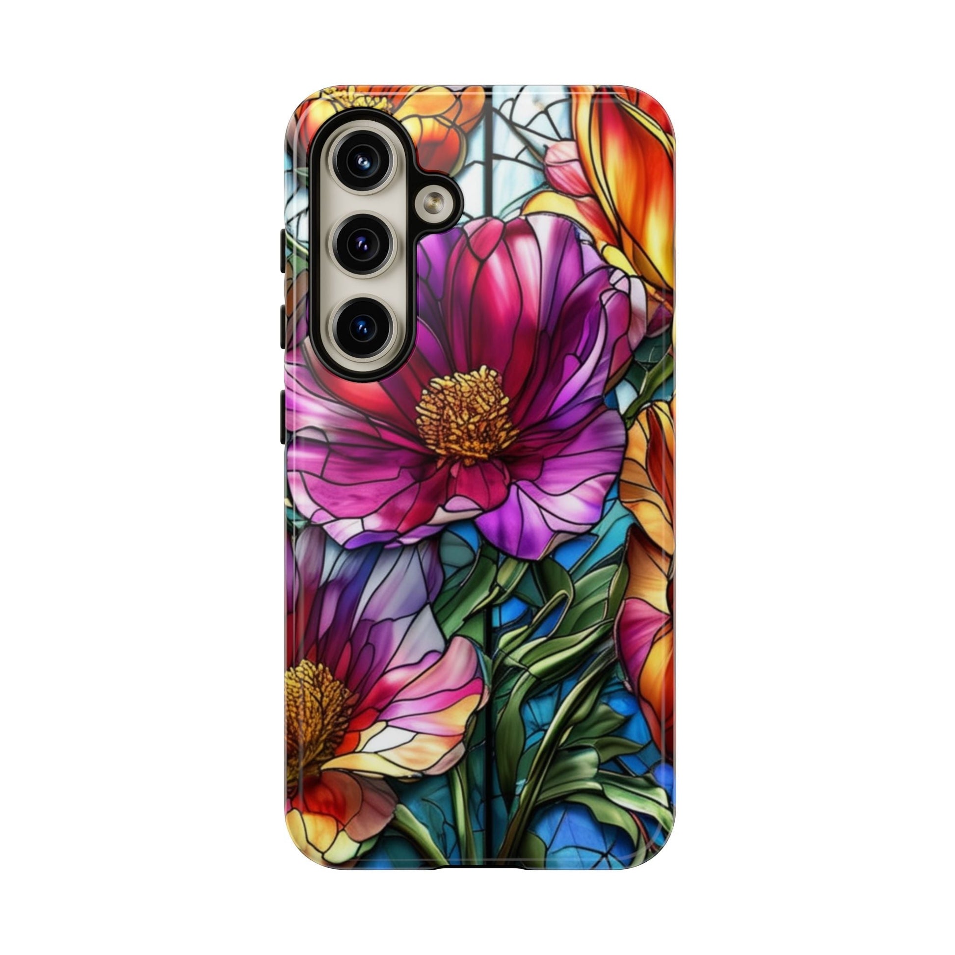 Samsung phone case with vibrant purple flower design and durable impact-resistant protection