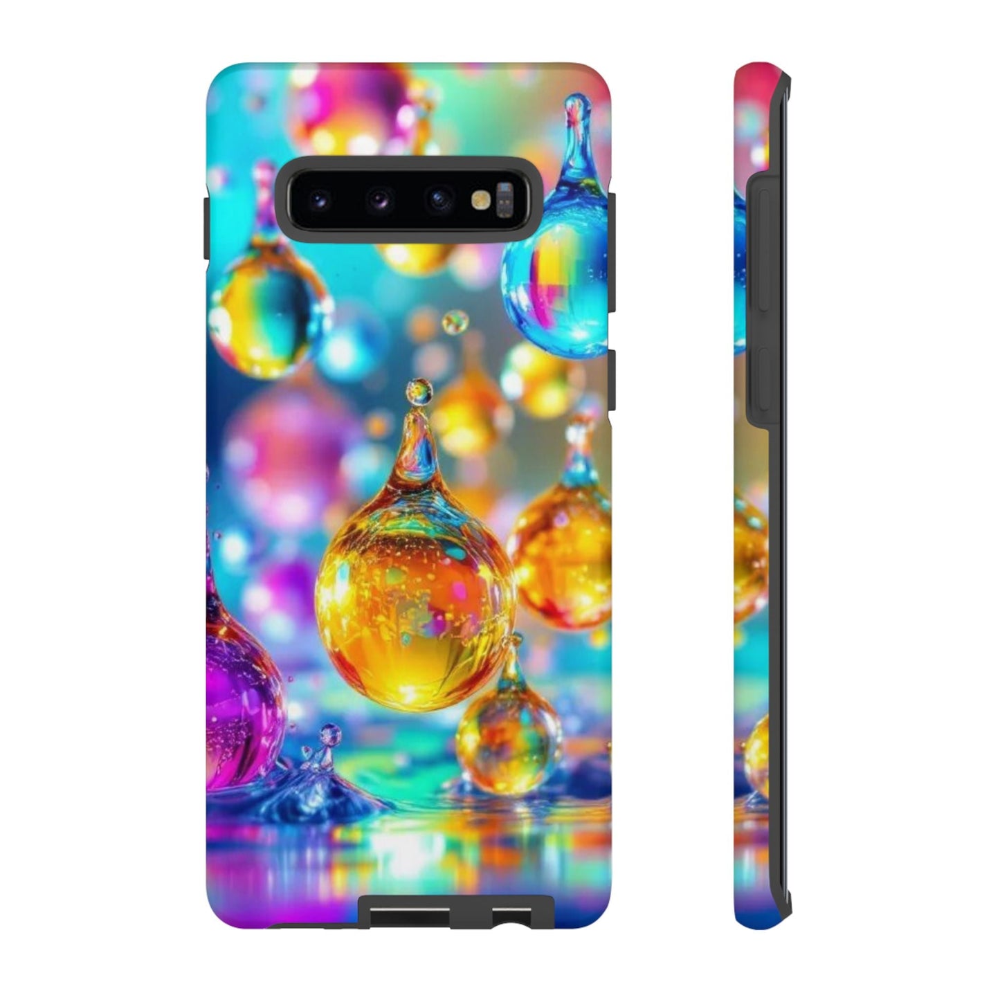 Samsung phone case with colorful 3D golden raindrop design and durable shock-absorbing protection