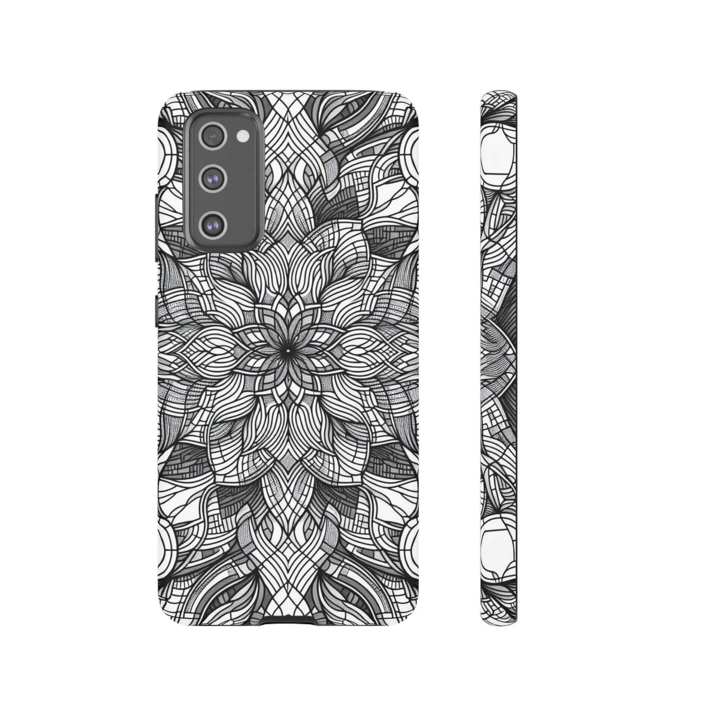 Black and white art explosion Samsung phone case with intricate floral pattern and full protection design