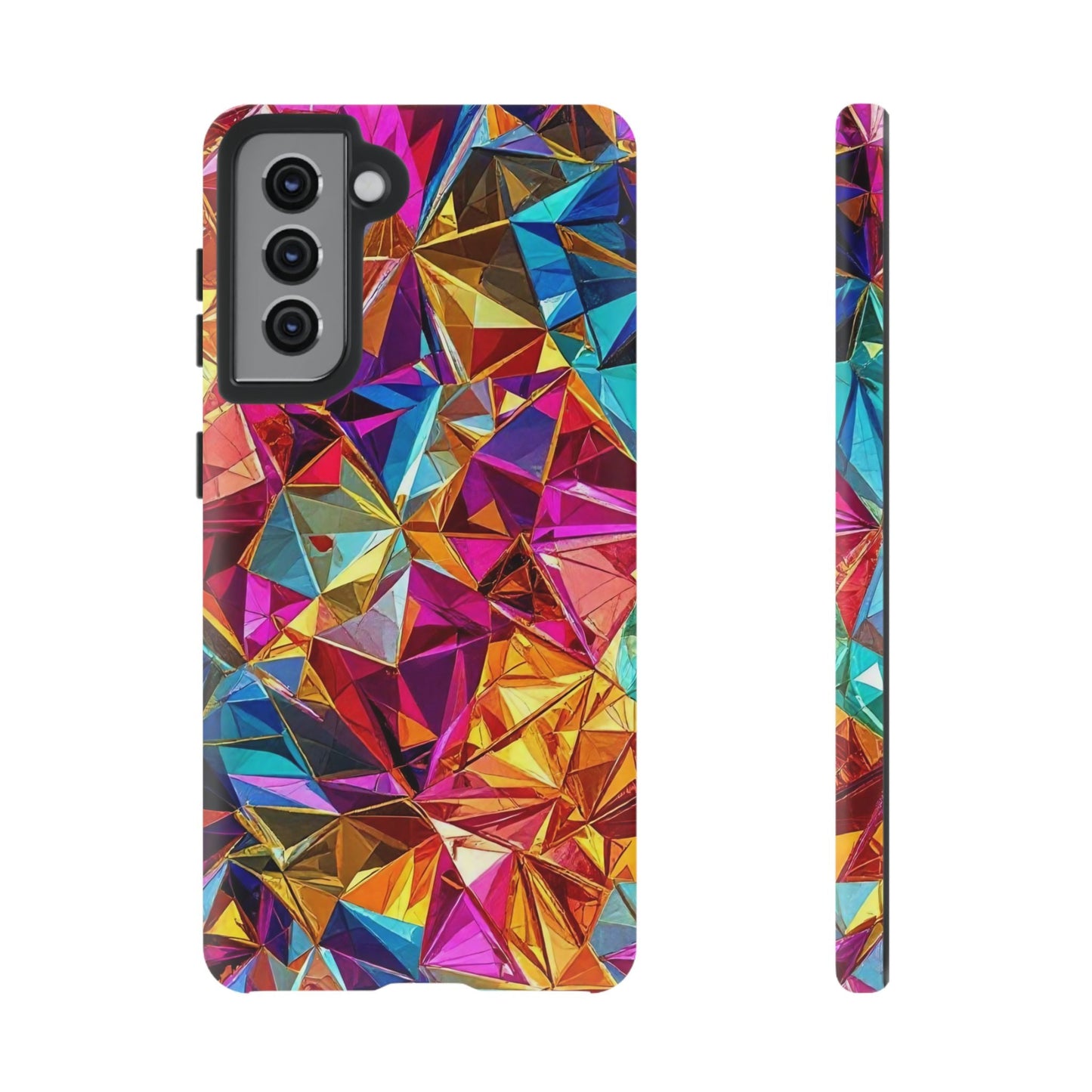Rainbow Foil Samsung phone case with vibrant geometric 3D design and durable impact-resistant protection for Galaxy S series.