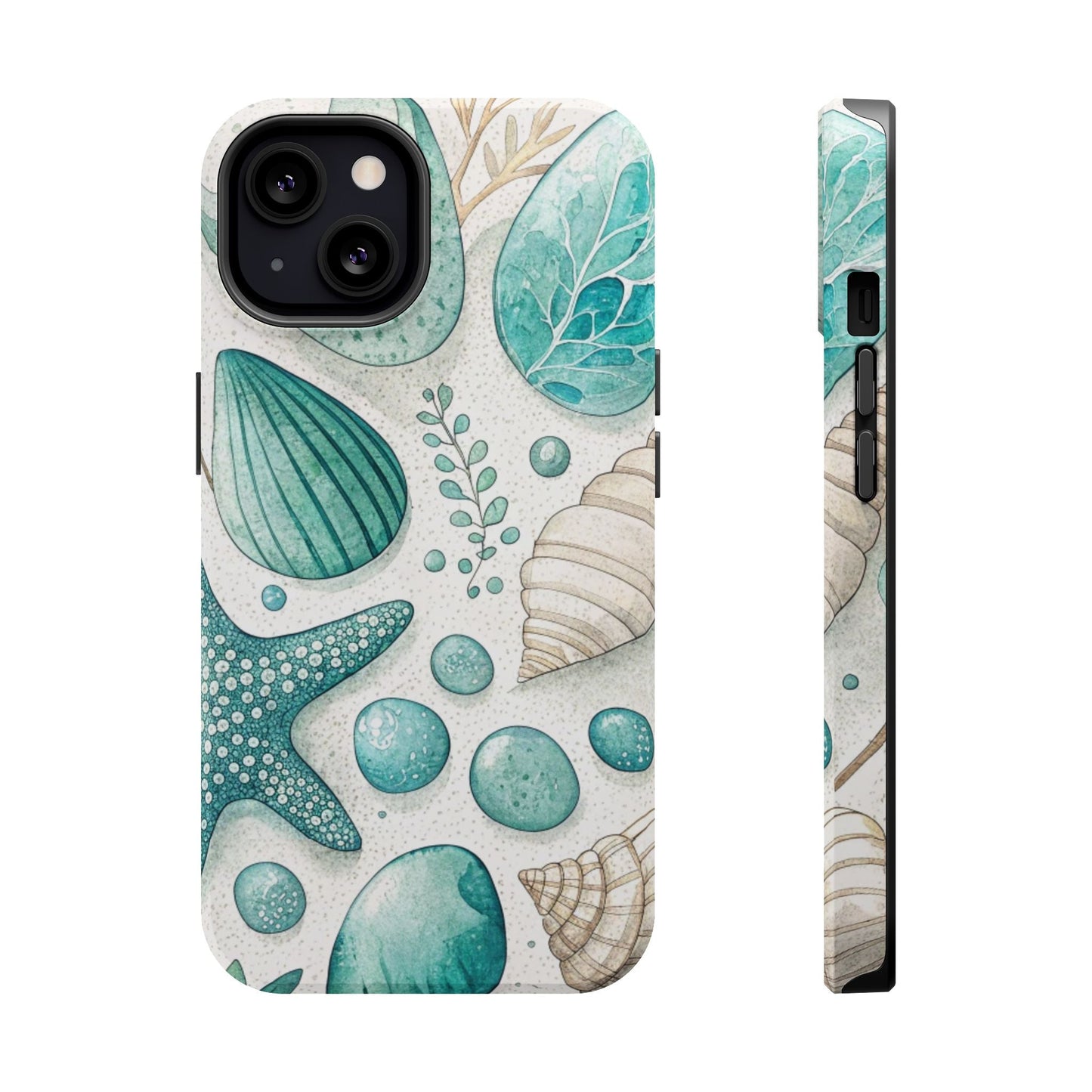 Celebration Sea iPhone Tough Case with ocean-inspired seashell and starfish design, durable dual-layer protection, and MagSafe compatibility for latest iPhone models