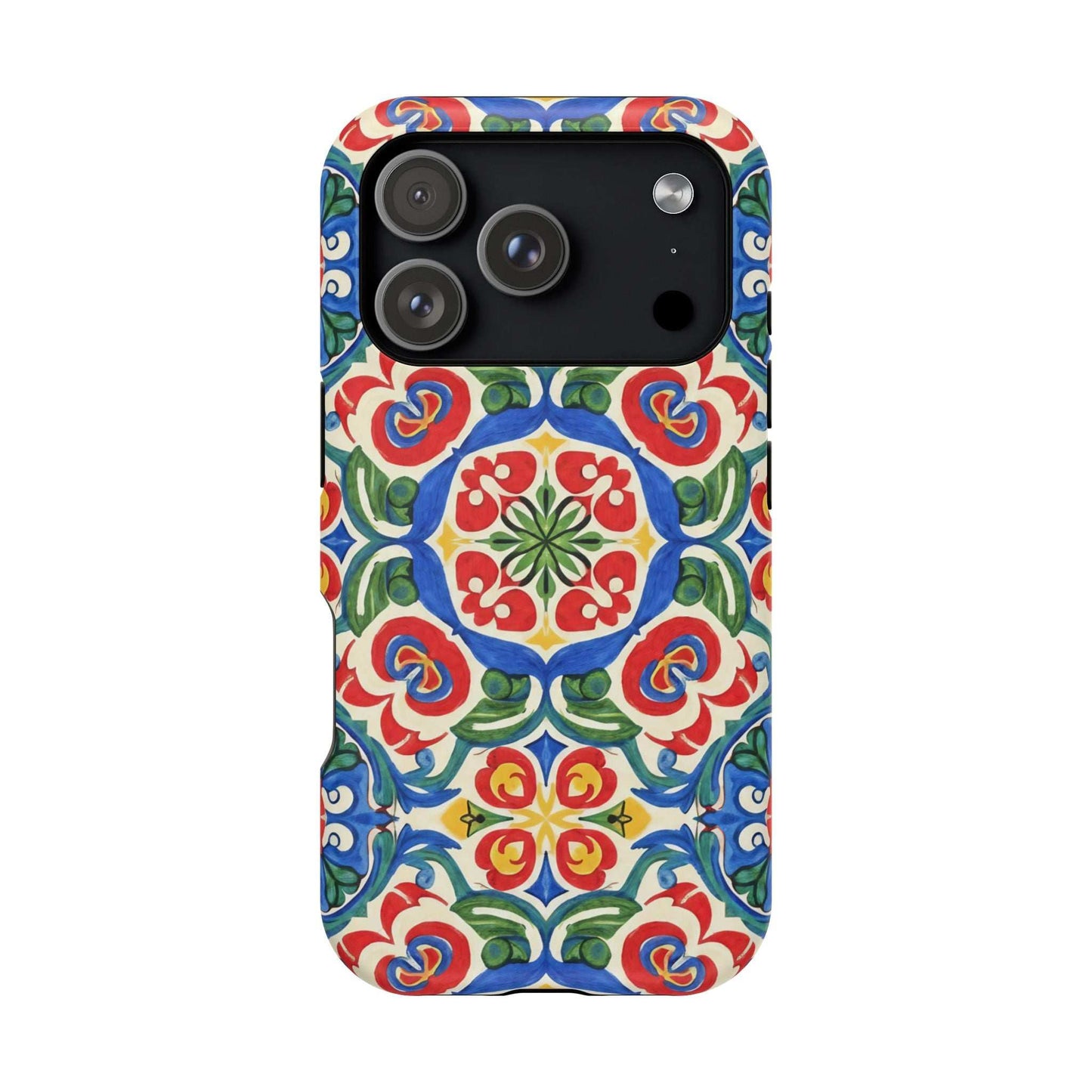 Mediterranean folk tile patterned iPhone case with hand-painted Spanish ceramic design and impact-resistant protection