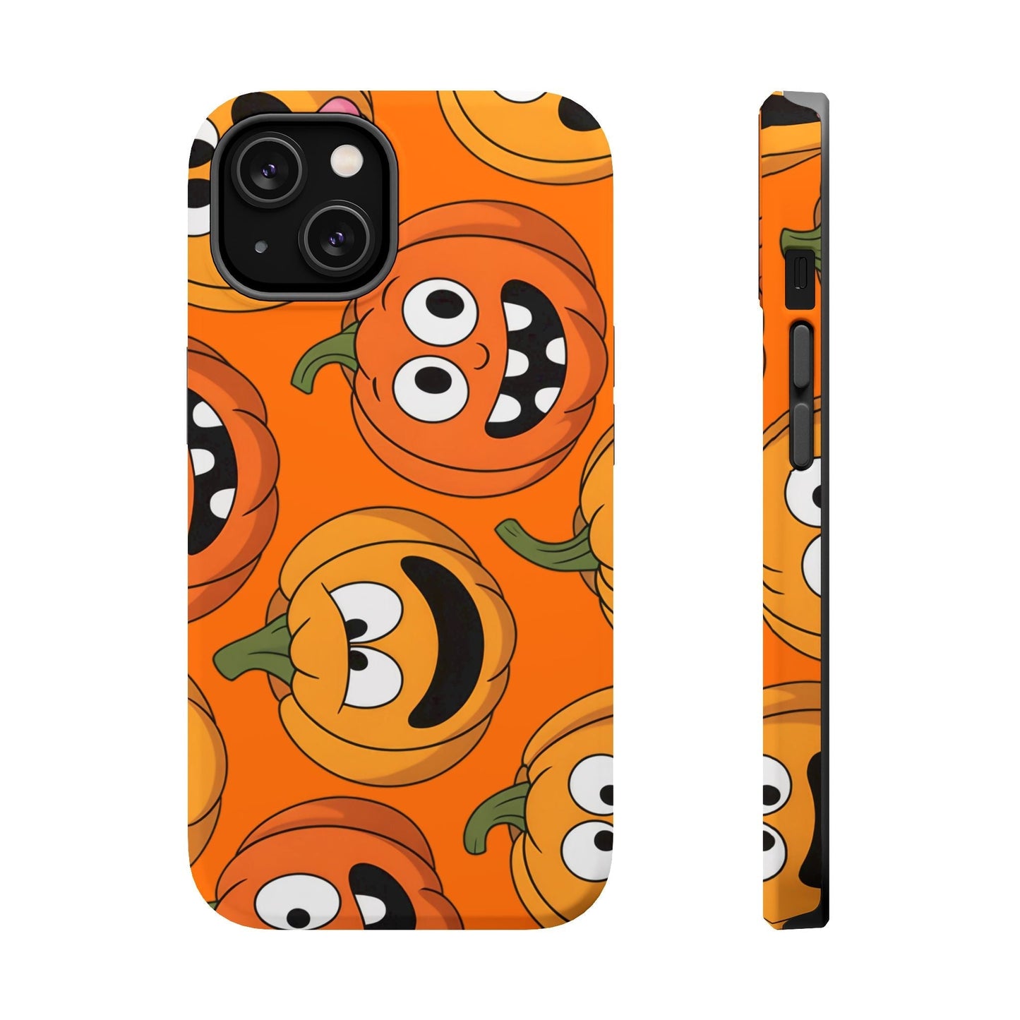 iPhone case with Moody Pumpkins Design featuring cartoon pumpkin faces in orange for Halloween protection