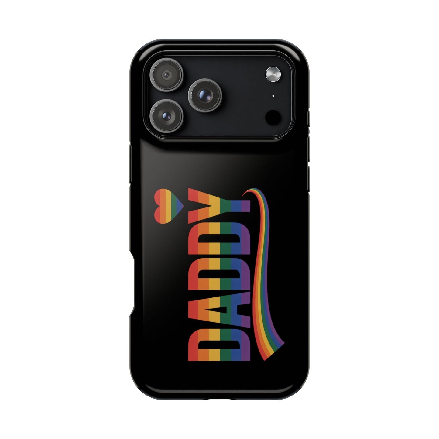 Black iPhone tough case with Fun Daddy LGBT Daddy rainbow design and MagSafe compatibility