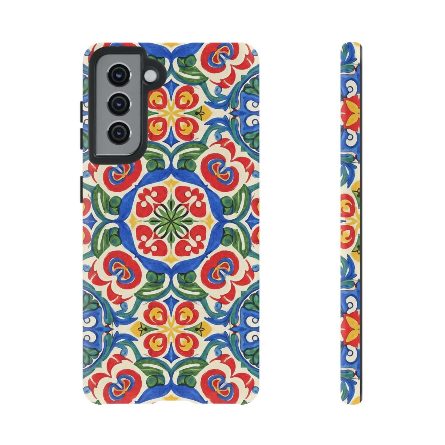 Mediterranean Samsung Case with hand-painted tile design and dual-layer protection in vibrant blue, red, and green colors