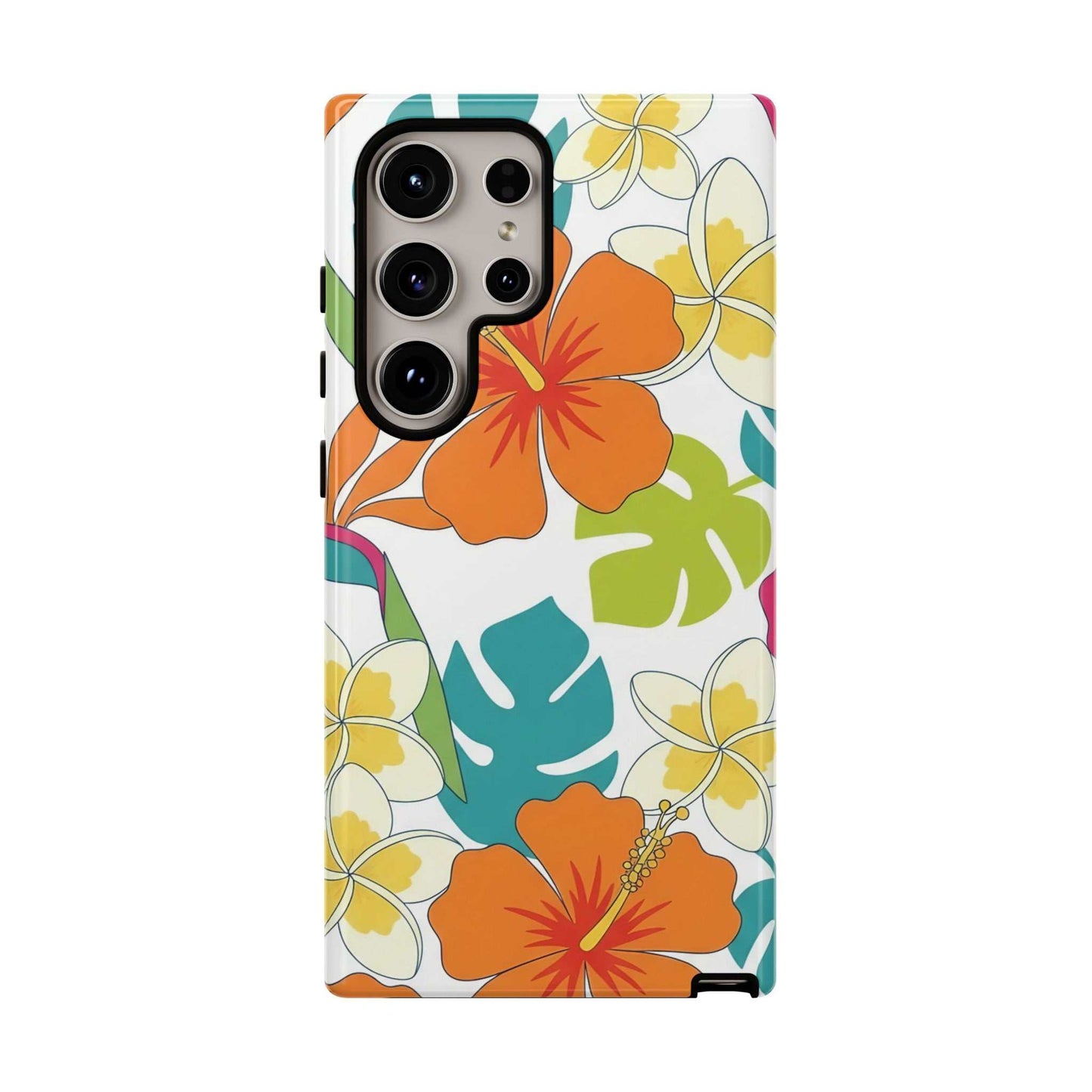 Orange floral Samsung case with durable, shock-absorbent design and vibrant tropical print