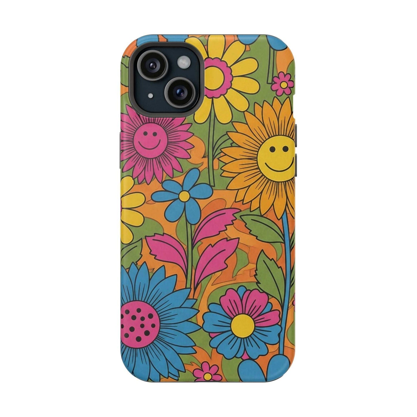 Flower Power iPhone Tough Case with vibrant smiling flowers and durable polycarbonate protection