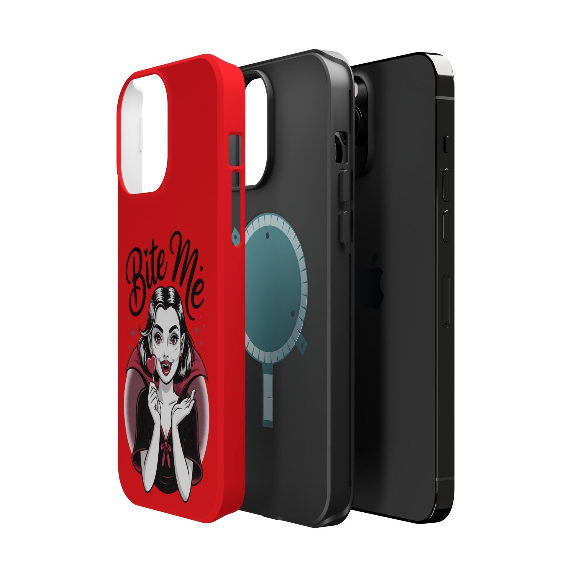 Halloween Vampire iPhone tough case with "Bite Me" design, durable polycarbonate and TPU, MagSafe compatible, available in matte or glossy finish.