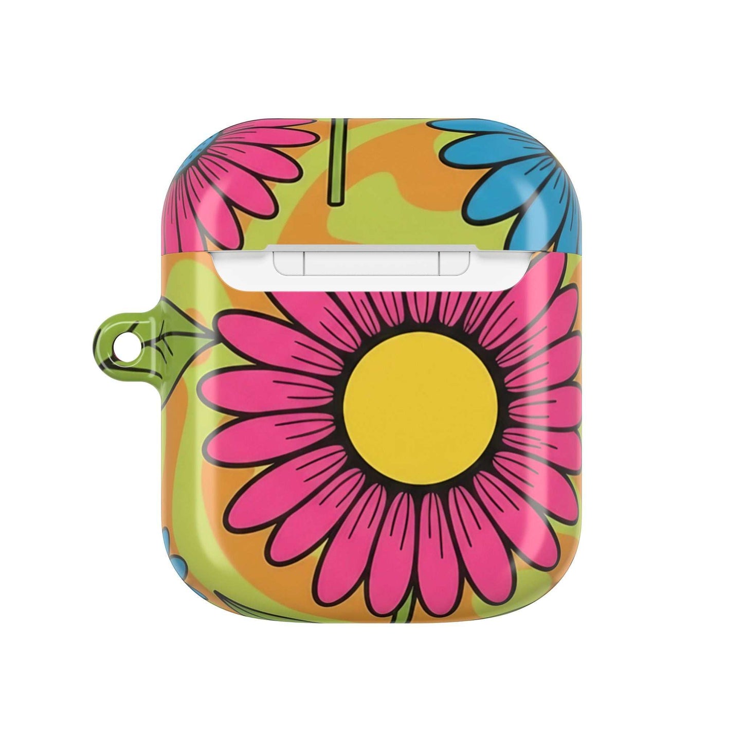 Love Child AirPod Case with colorful floral design, lightweight, durable protective cover with carabiner and glossy finish