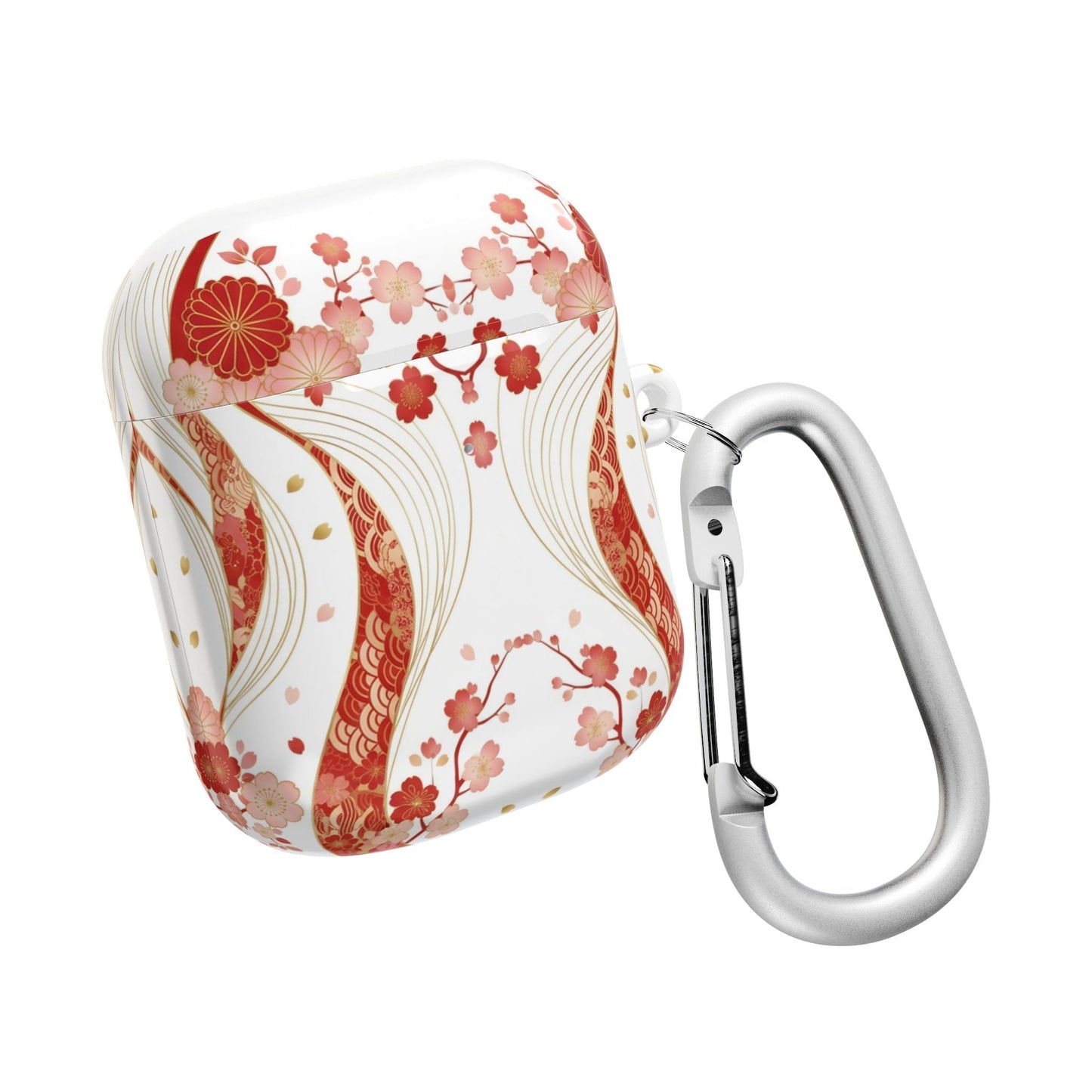 Red Golden Flower AirPod Case with floral design and carabiner attachment