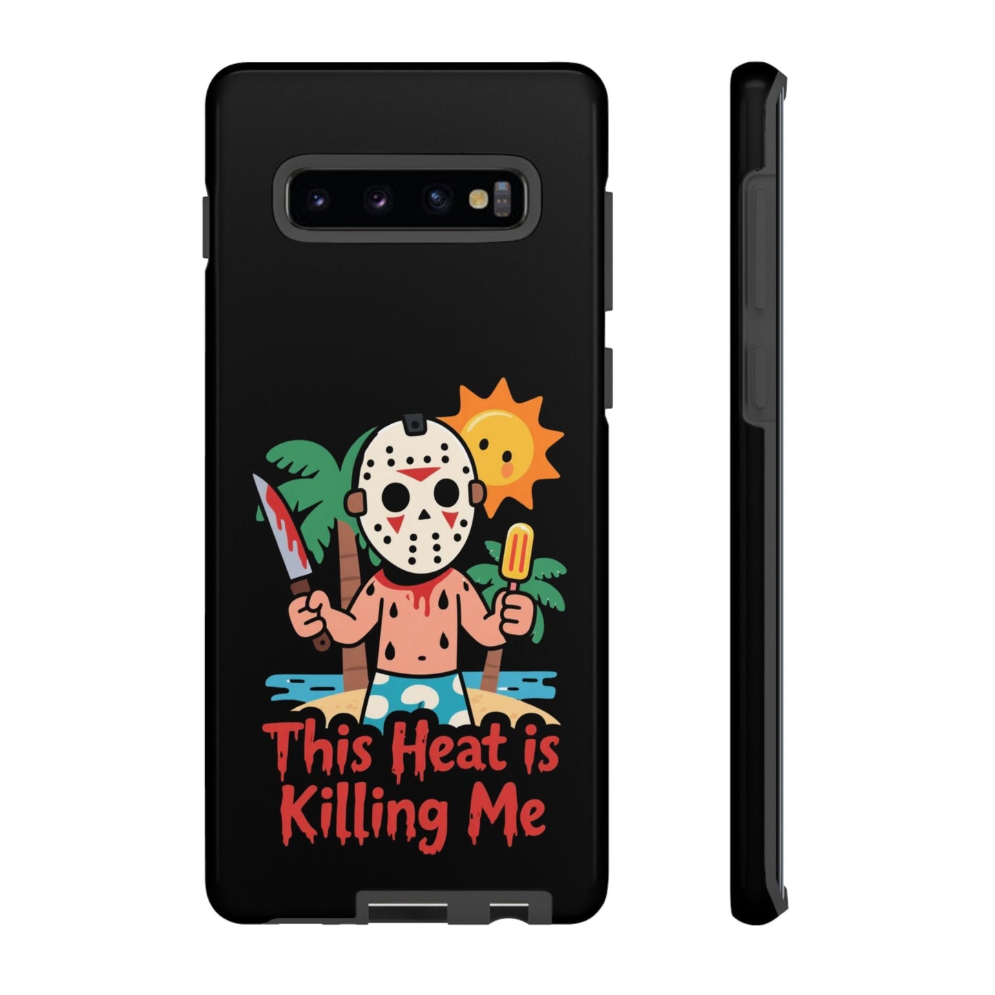 Samsung phone case with Heat is Killing Me Summerween design featuring cartoon horror character on beach with palm trees and sun