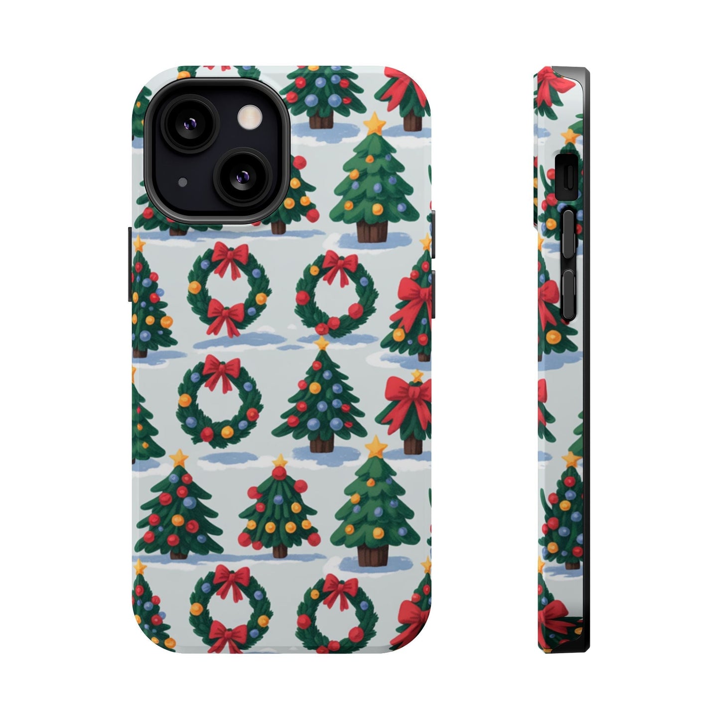 iPhone case with festive Holiday Tree and Wreath pattern in bright Christmas colors, durable dual-layer design with MagSafe compatibility