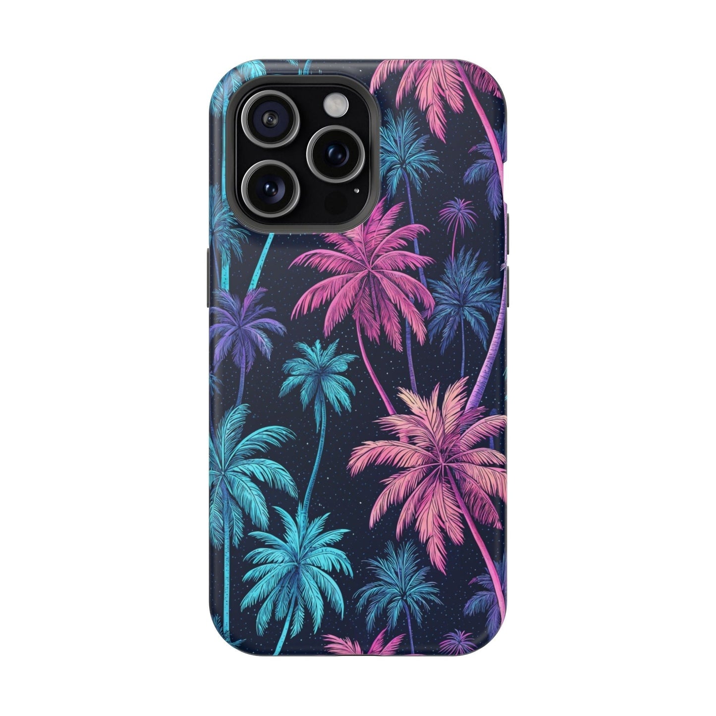 Neon Palm Trees Phone Case with vibrant pink and blue palm tree design on black background for iPhone with MagSafe compatibility