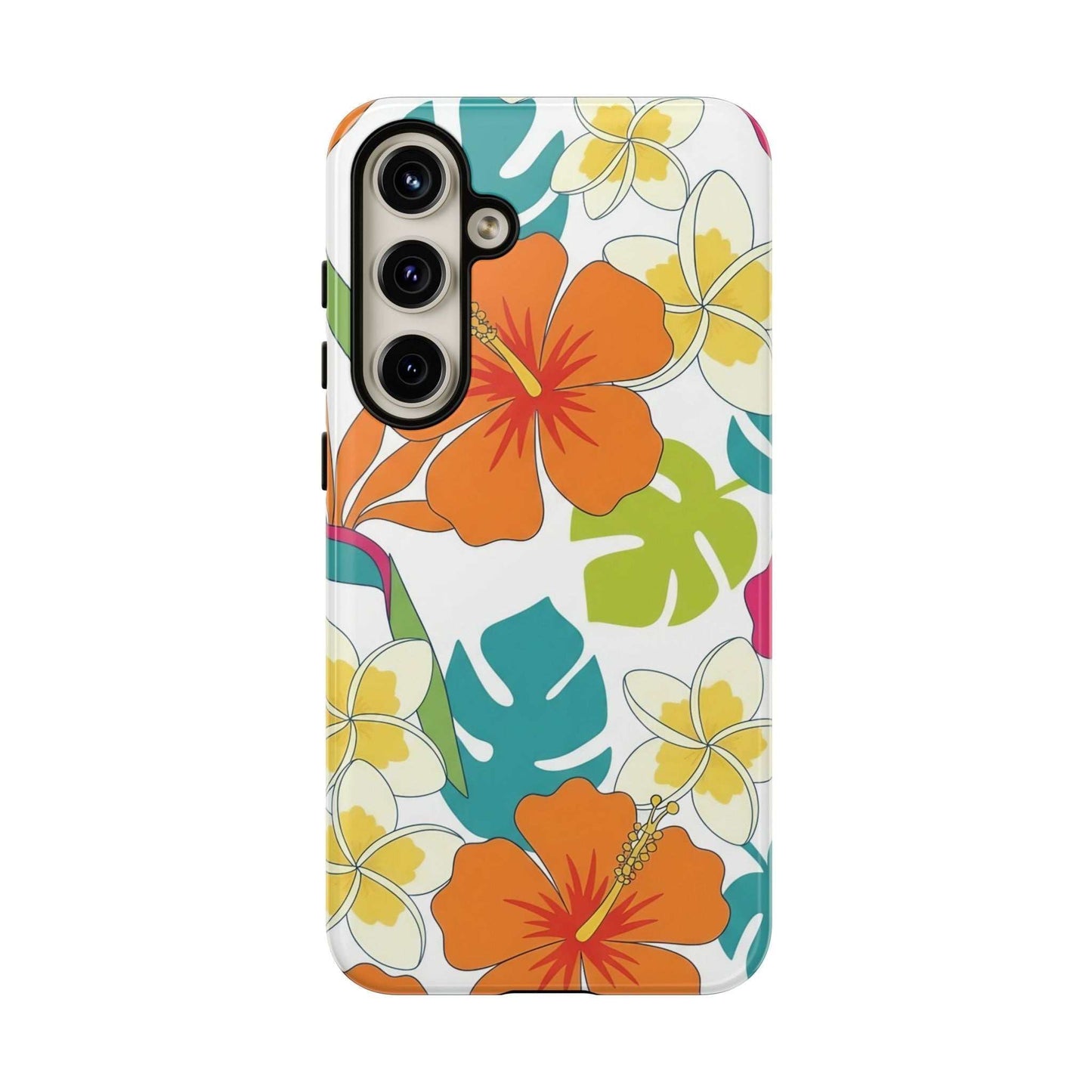 orange floral Samsung case with tropical hibiscus design and protective shock absorption