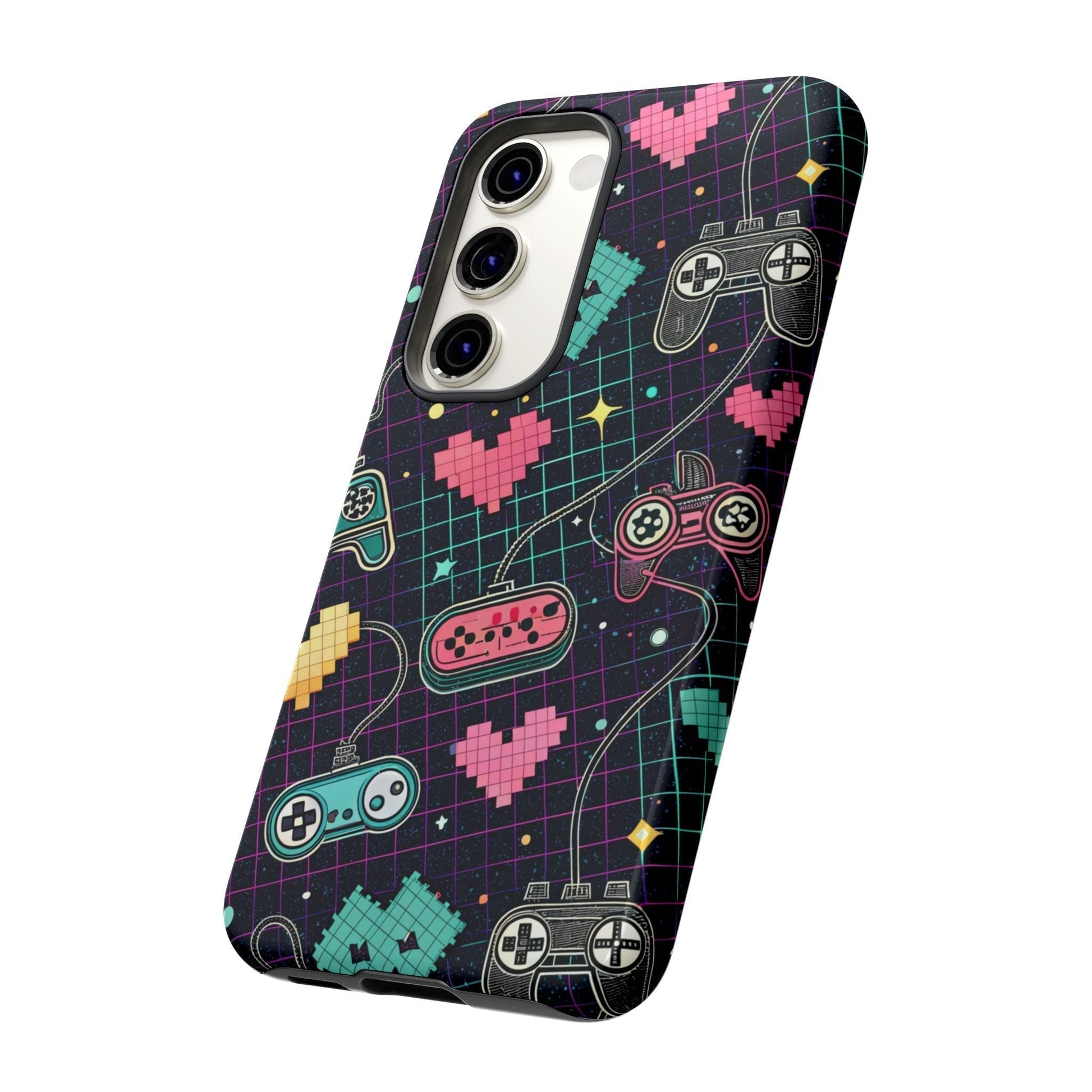 Samsung Galaxy phone case with retro gamer tough case design featuring pixelated hearts and classic game controllers for durable protection