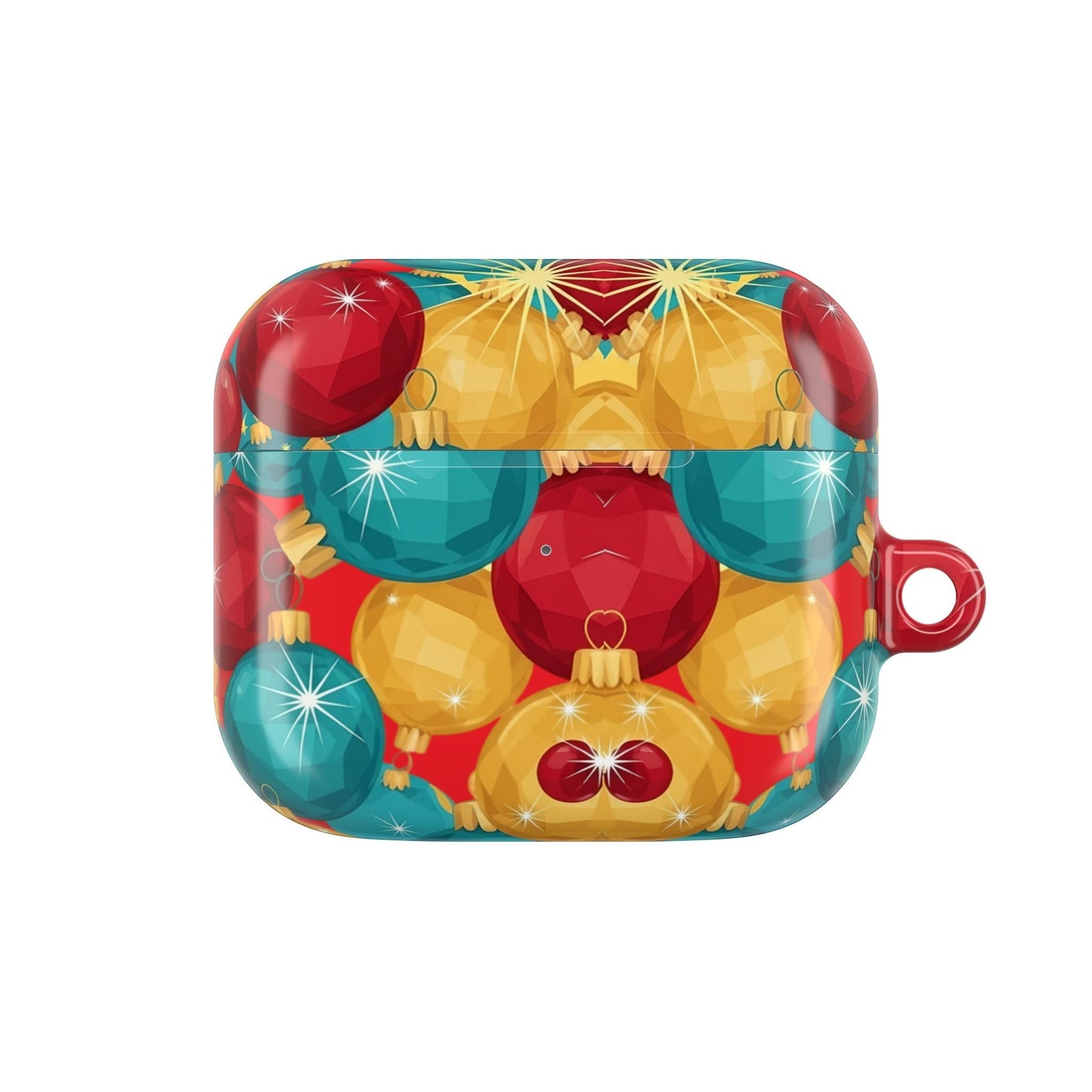 Christmas tree sparkle bulb AirPod case in red, gold, and teal colors with festive ornament design